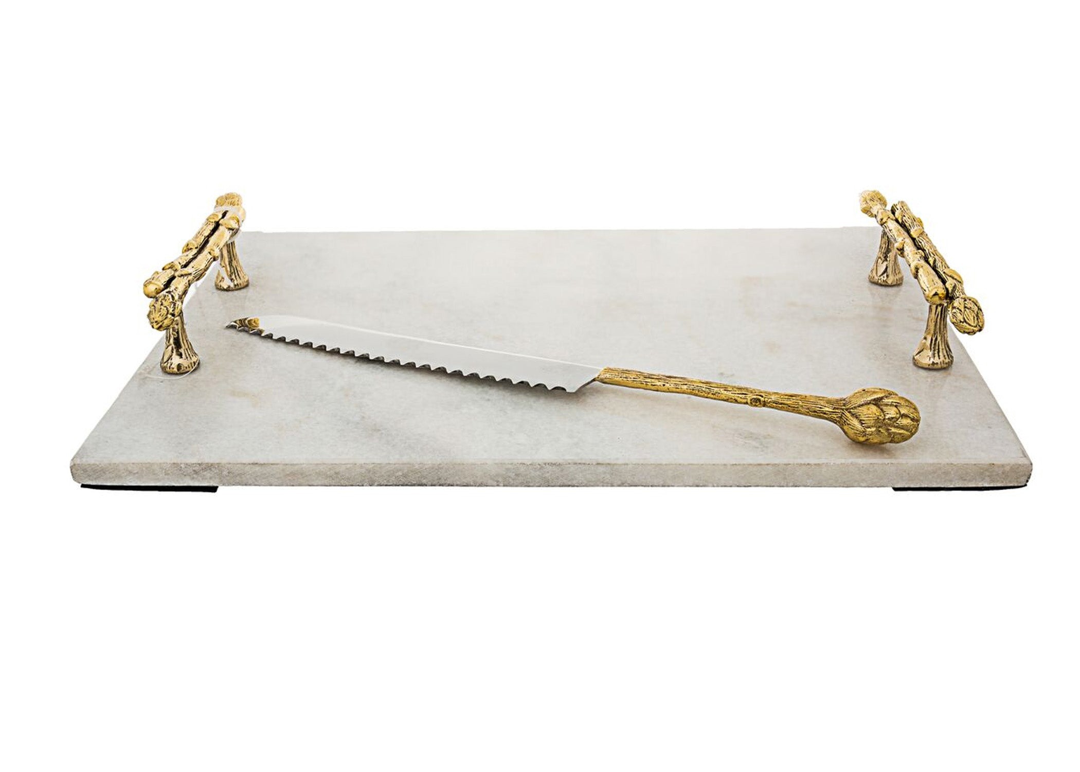 White Marble Challah Tray with Asparagus Design Handles- 14.5 x 11