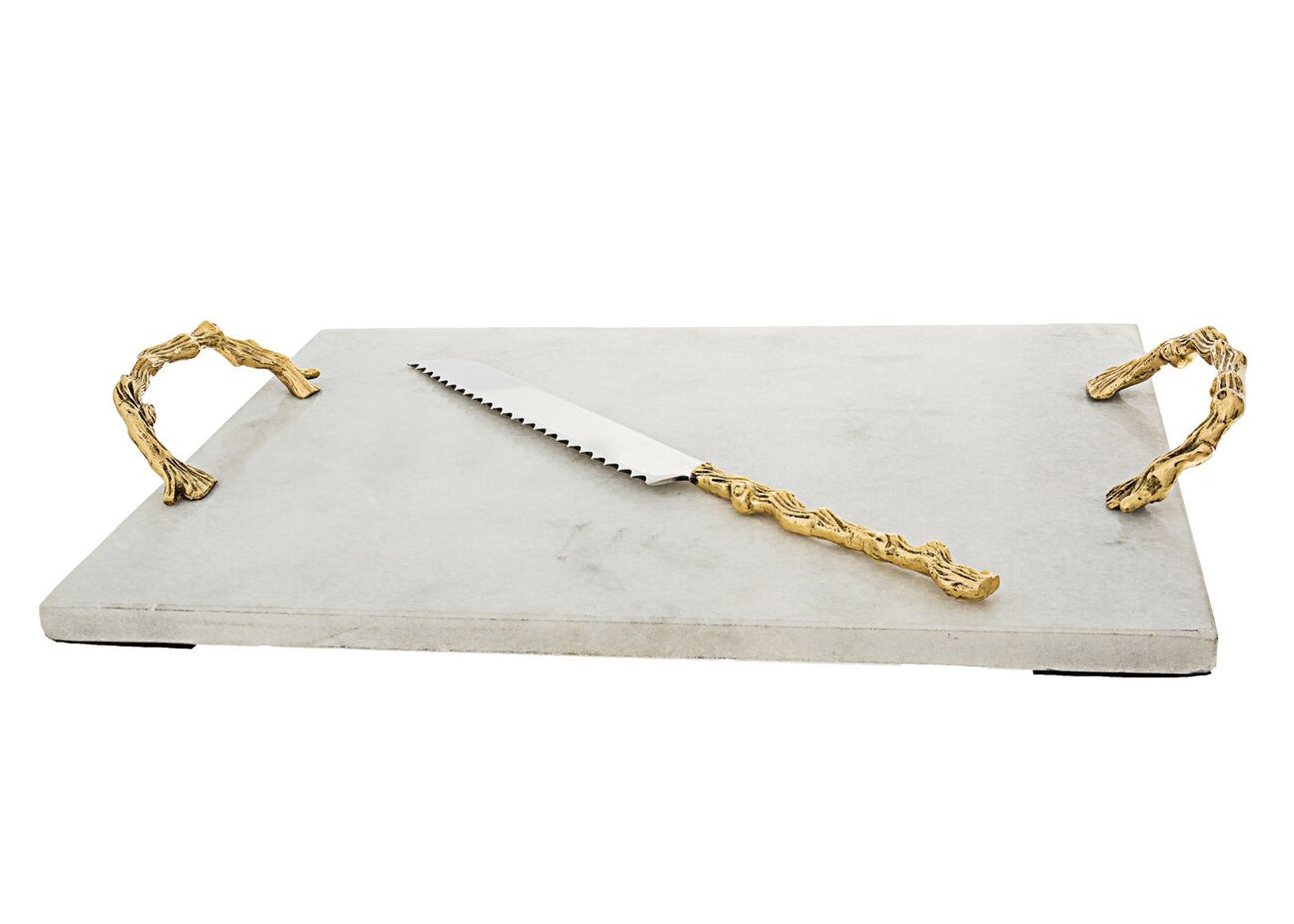 White Marble Challah Tray with Wooden Design Handles- 14.5 x 11