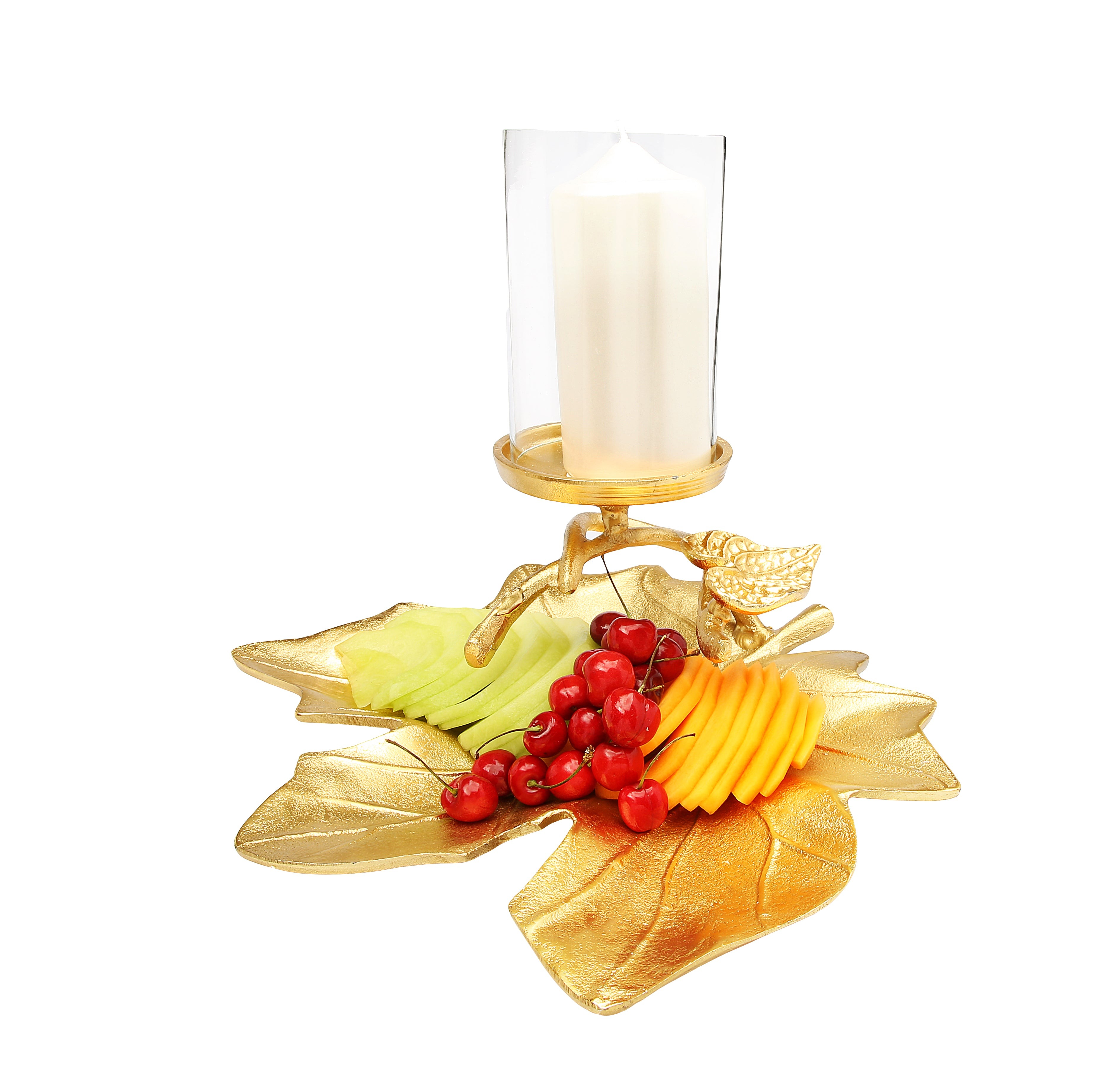 12.5" gold embossed leaf dish with branched candle holder