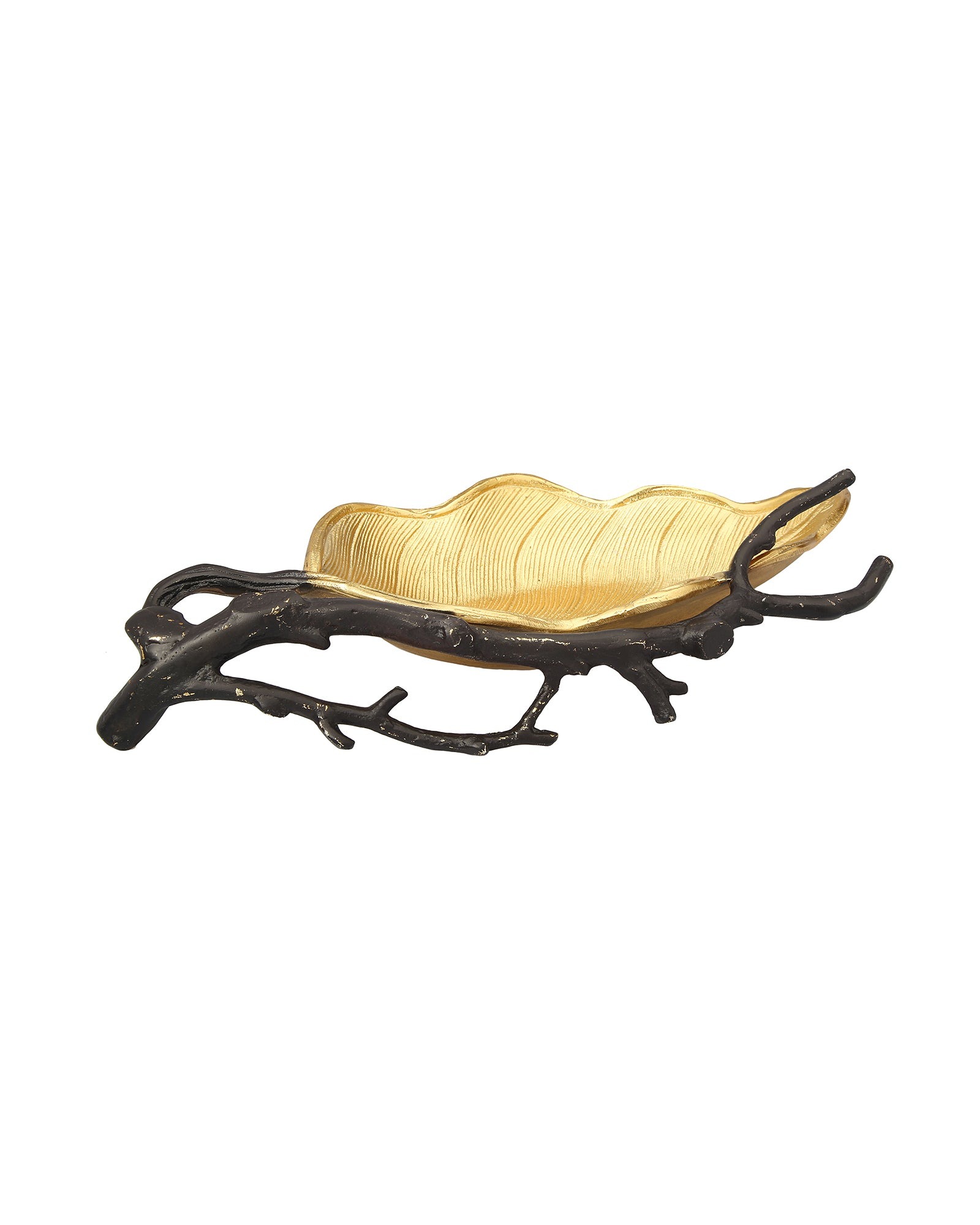 15.75" Gold Leaf Shaped - Vein engraved Candy Dish with Black branch