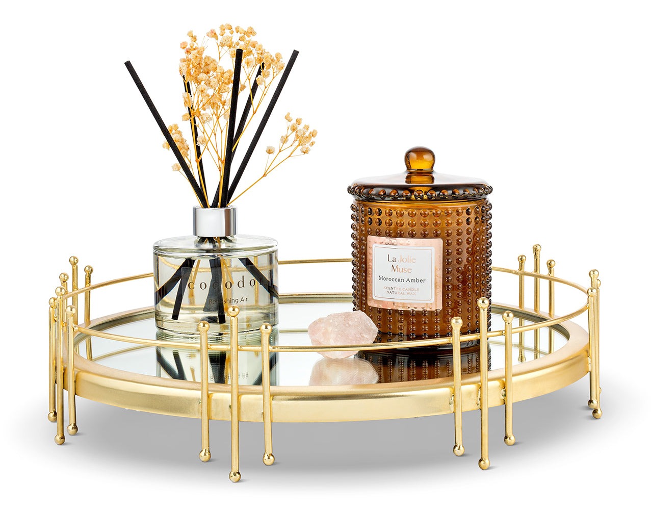 Round Mirror Tray with Gold Symmetrical Design