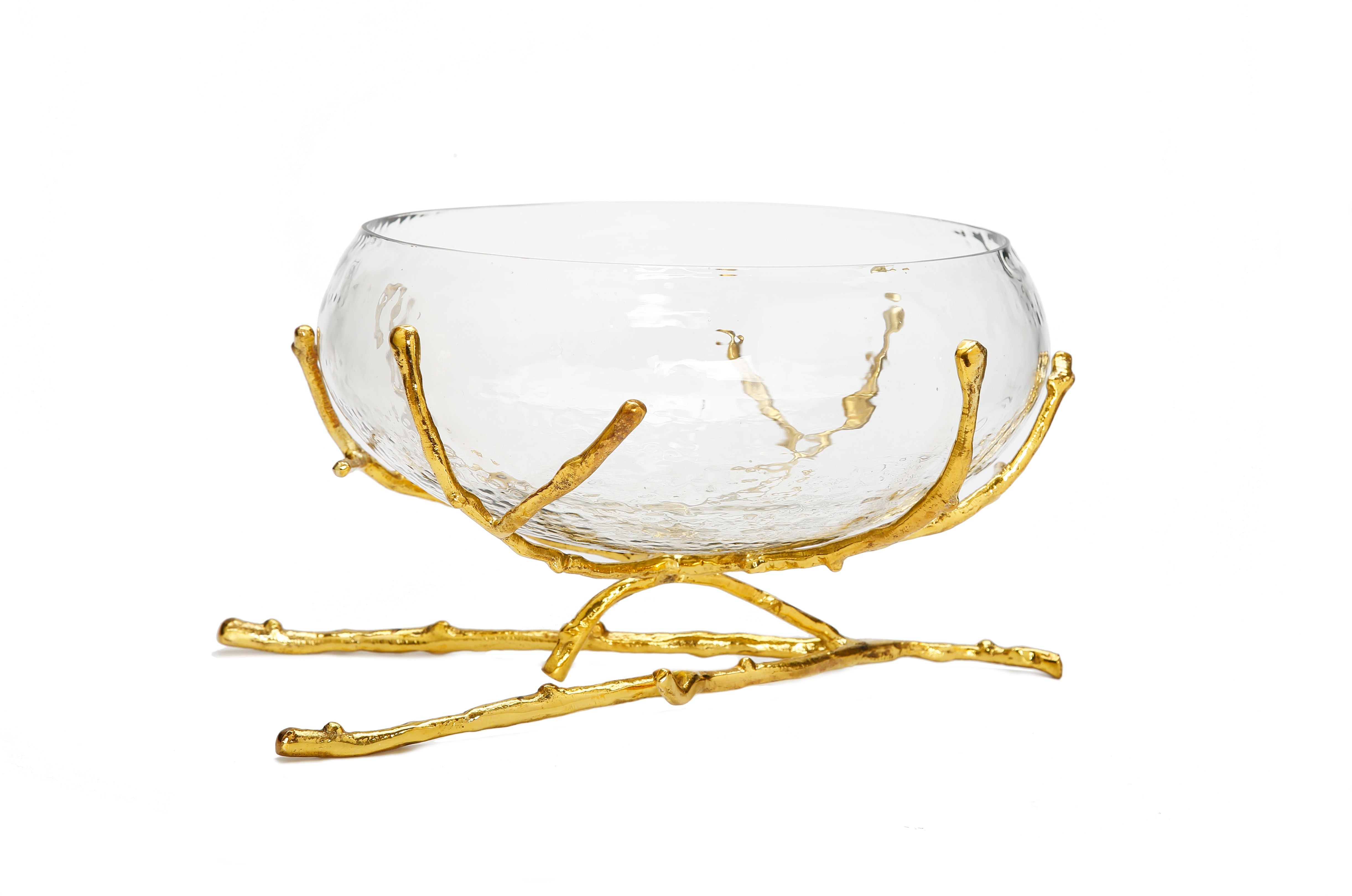 Glass Bowl with Gold Twig Base - 11"D x 6.75"H