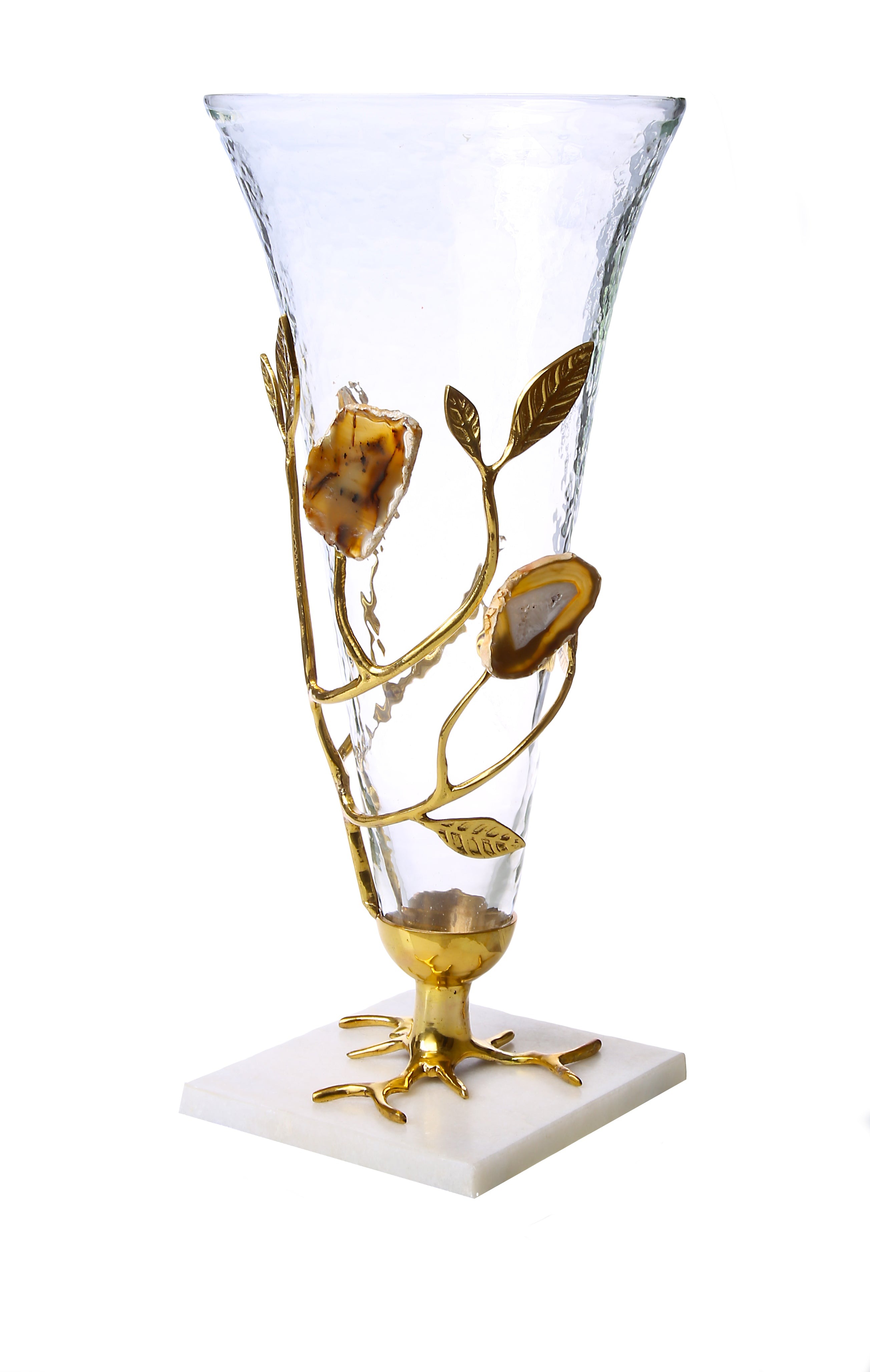 Glass Vase with Gold Leaf-Agate Stone Design - 6.75"D x 15"H
