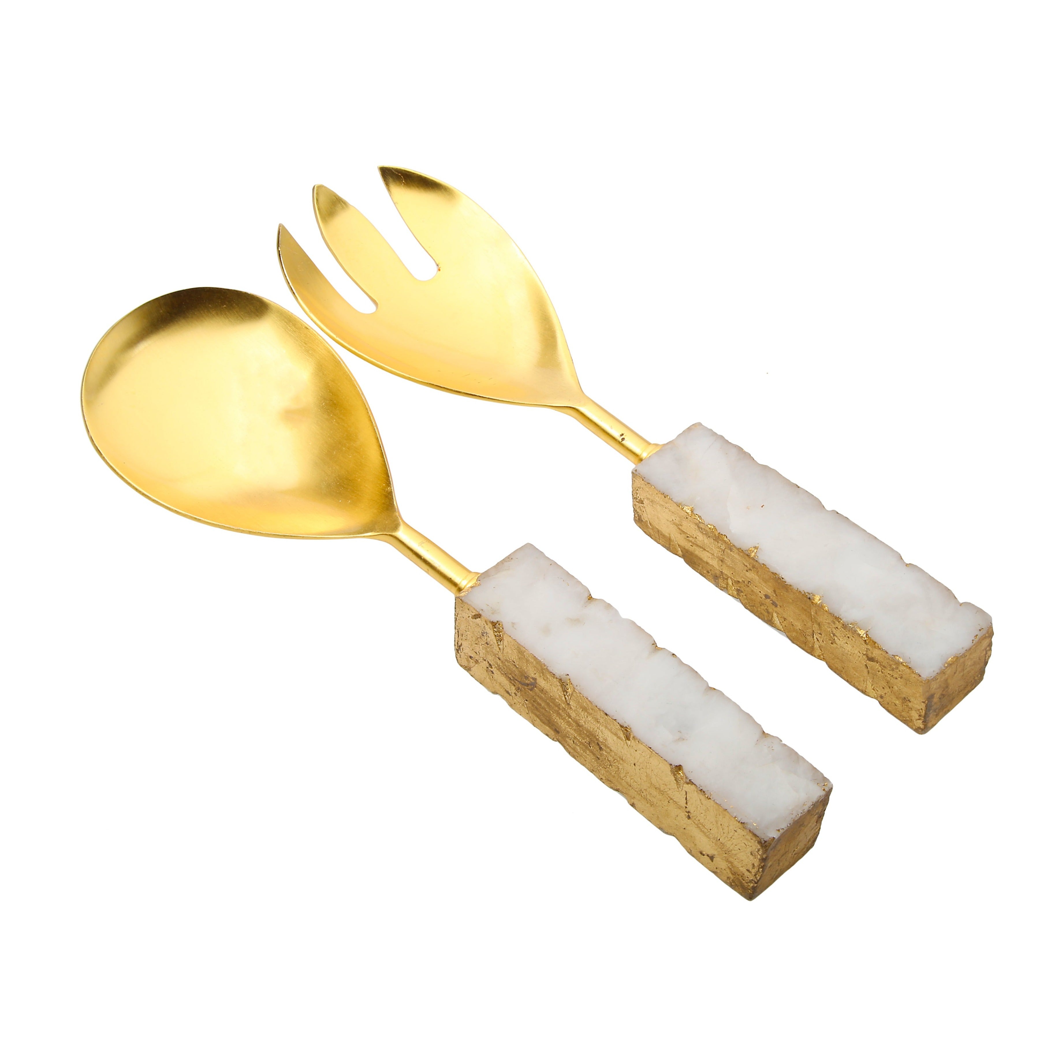 Set of 2 Gold salad Servers with square White Marble handles
