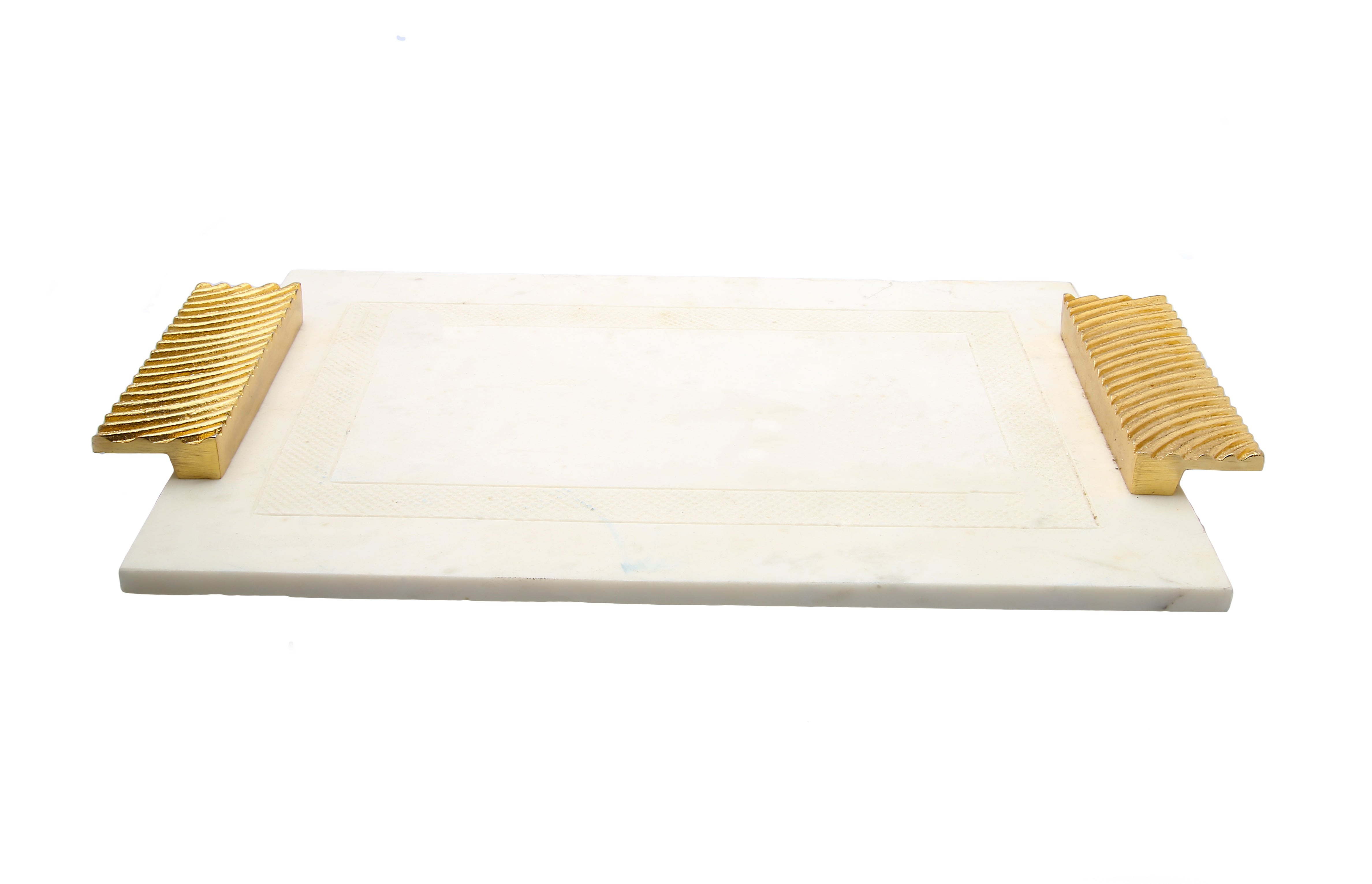 White Marble Challah Tray with Embossed Gold Handles - 16"L x 11"W