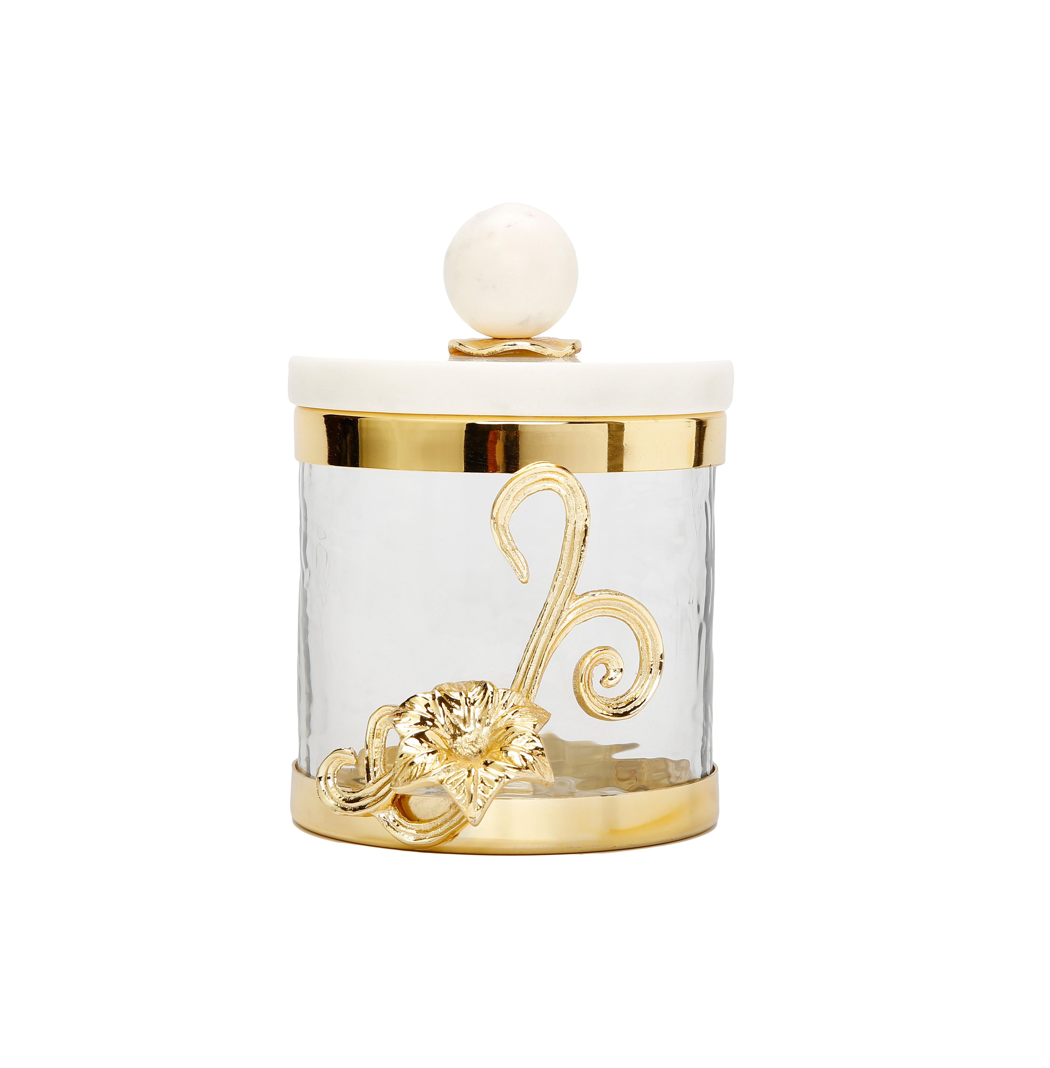 Small Glass Canister with Gold Design and Marble Lid - 4.75"D x 4"H