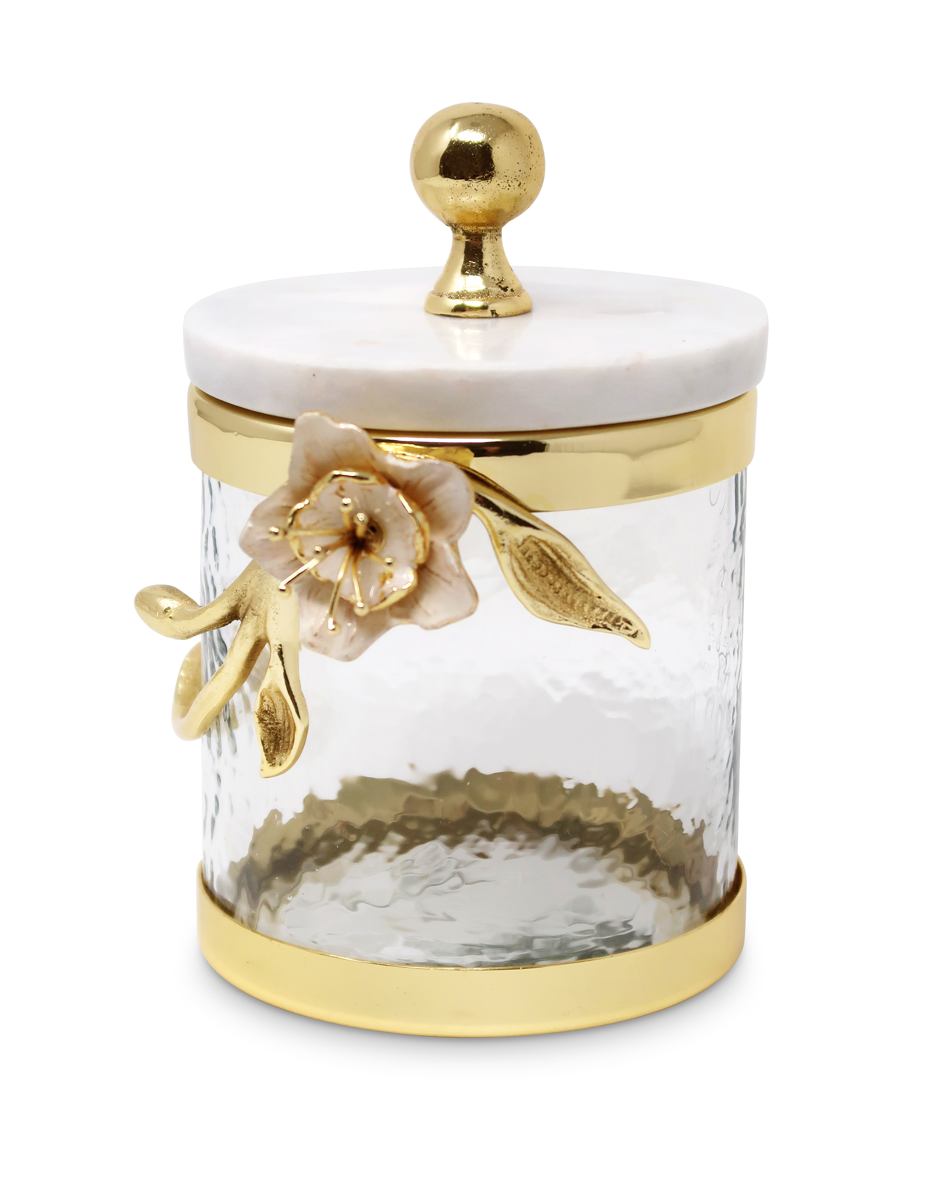 Hammered Glass Canister with White Enamel and Gold Leaf Flower, Marble Lid with Gold knob (3 sizes)