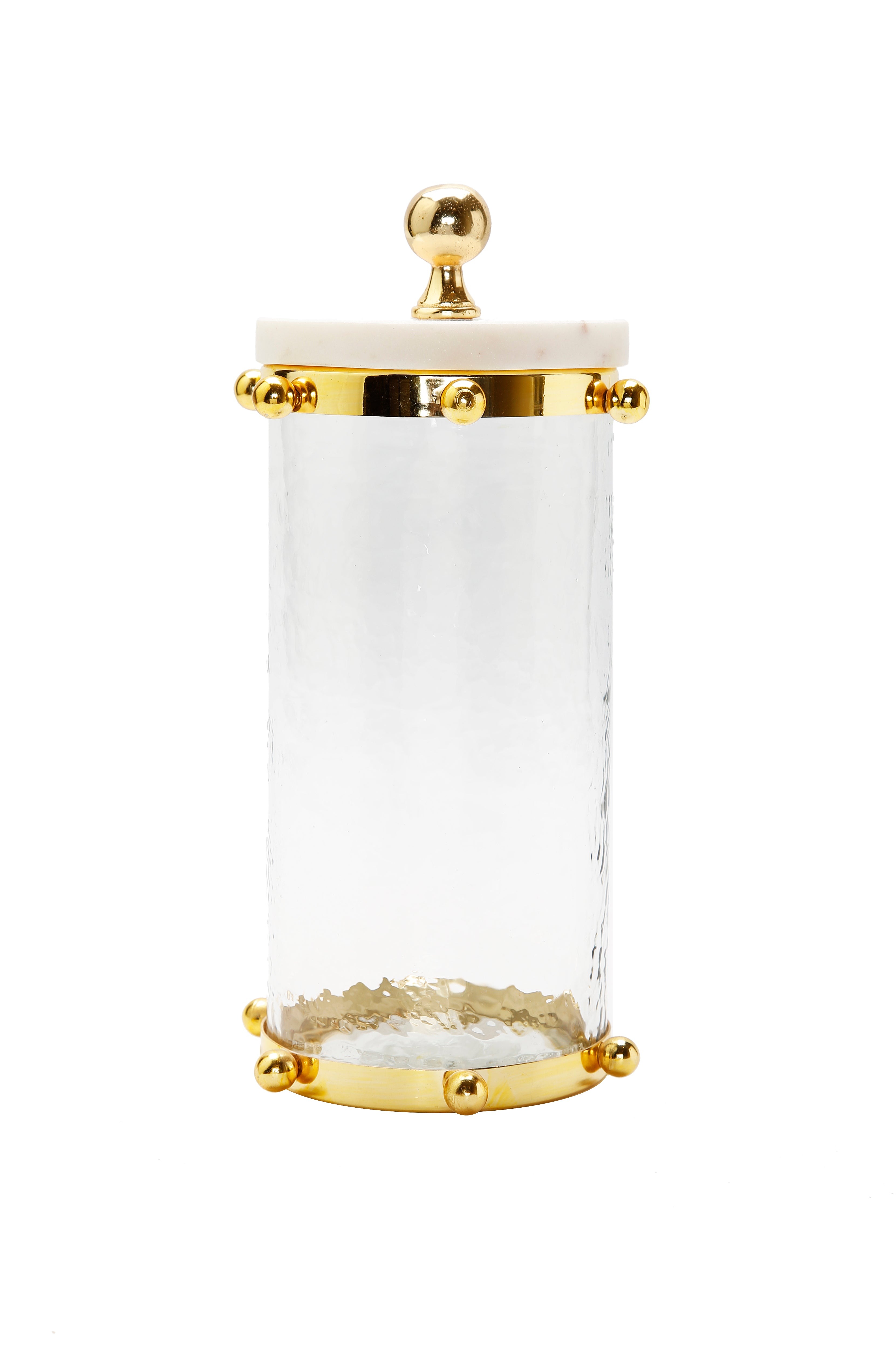 Hammered Glass canister Gold ball design on bottom and top white marble lid with gold knob 11.25"