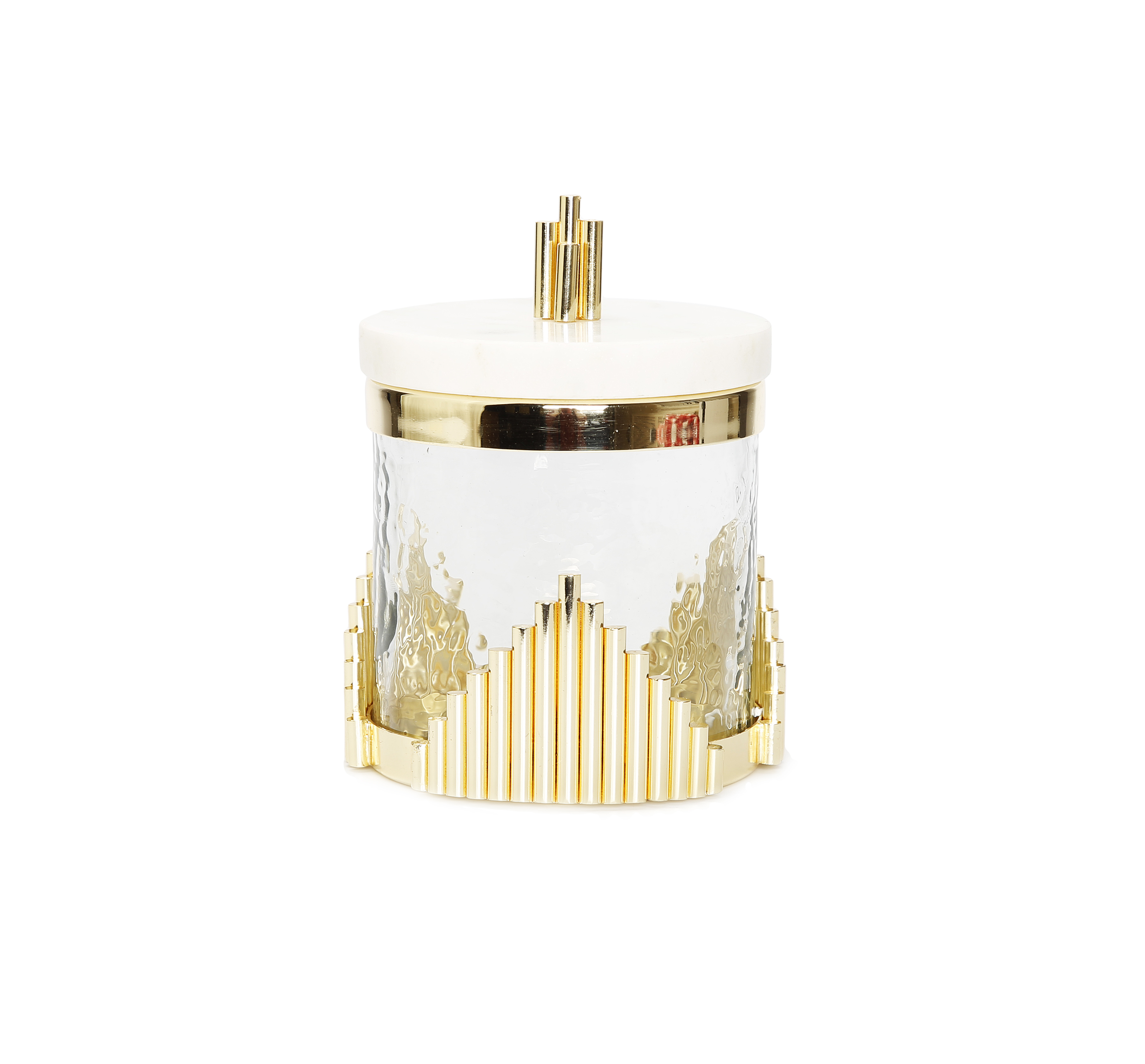 Small Glass Canister with Marble Lid and Symmetrical Gold Design