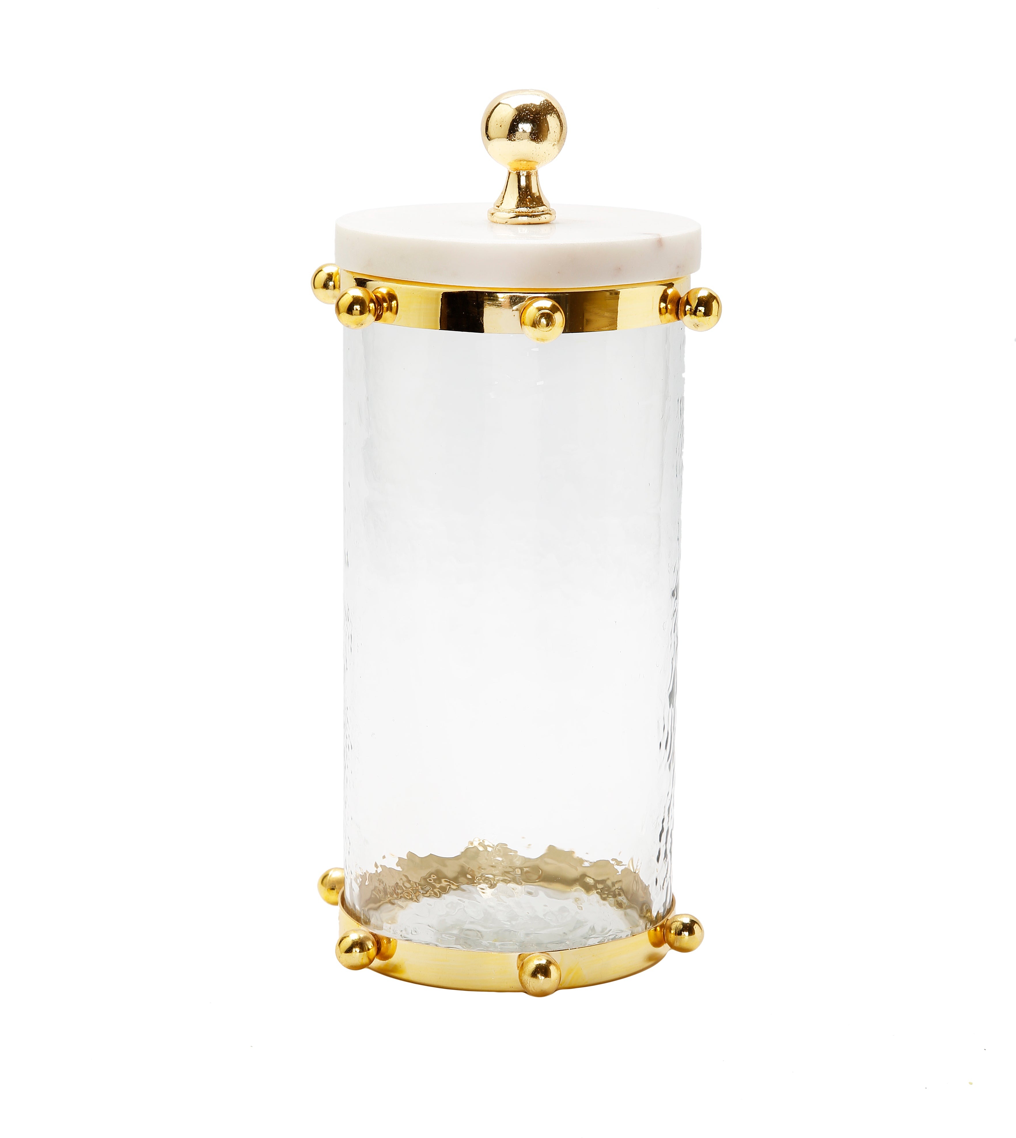 Hammered Glass canister Gold ball design on bottom and top white marble lid with gold knob 10"
