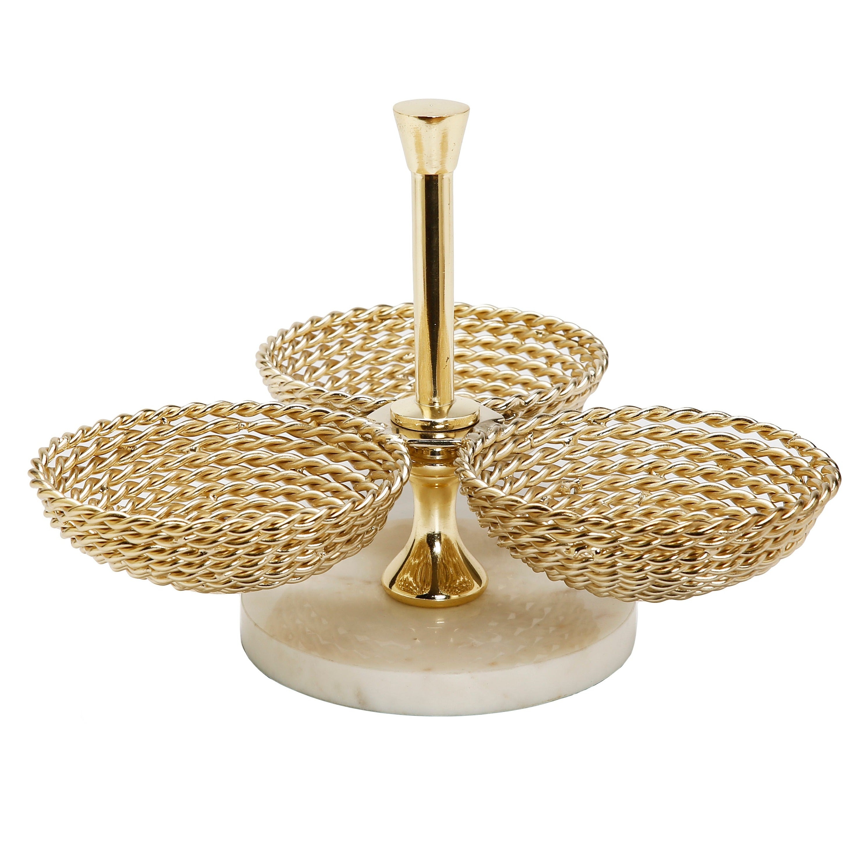 Triple Bowl Relish Dish Gold Rope Design and Marble Base