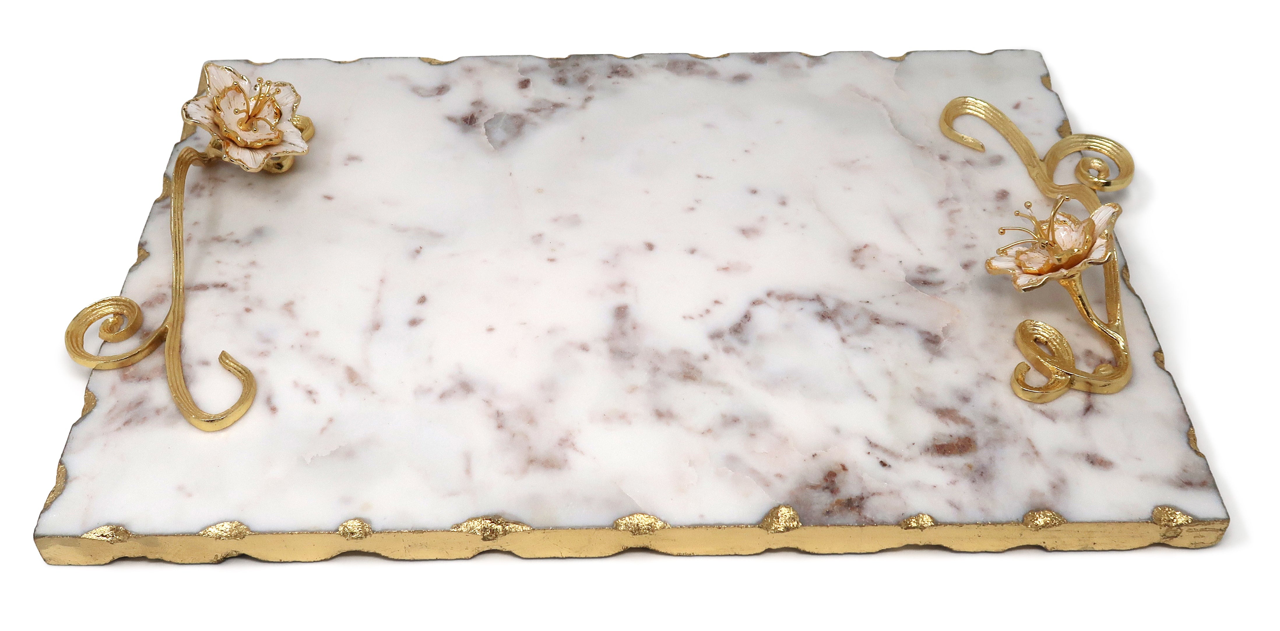 White Marble Tray W/ Enamel Flower Handle 16"L x11"W