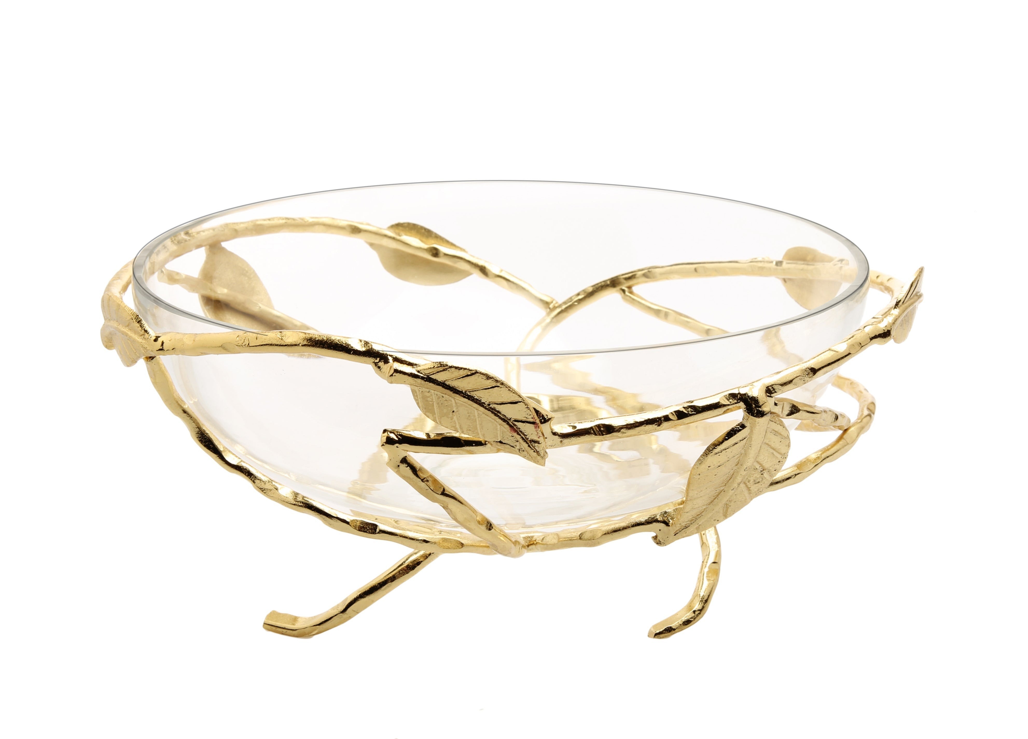Hammered Glass 12.5" Salad Bowl with Gold Brass Leaf Decoration