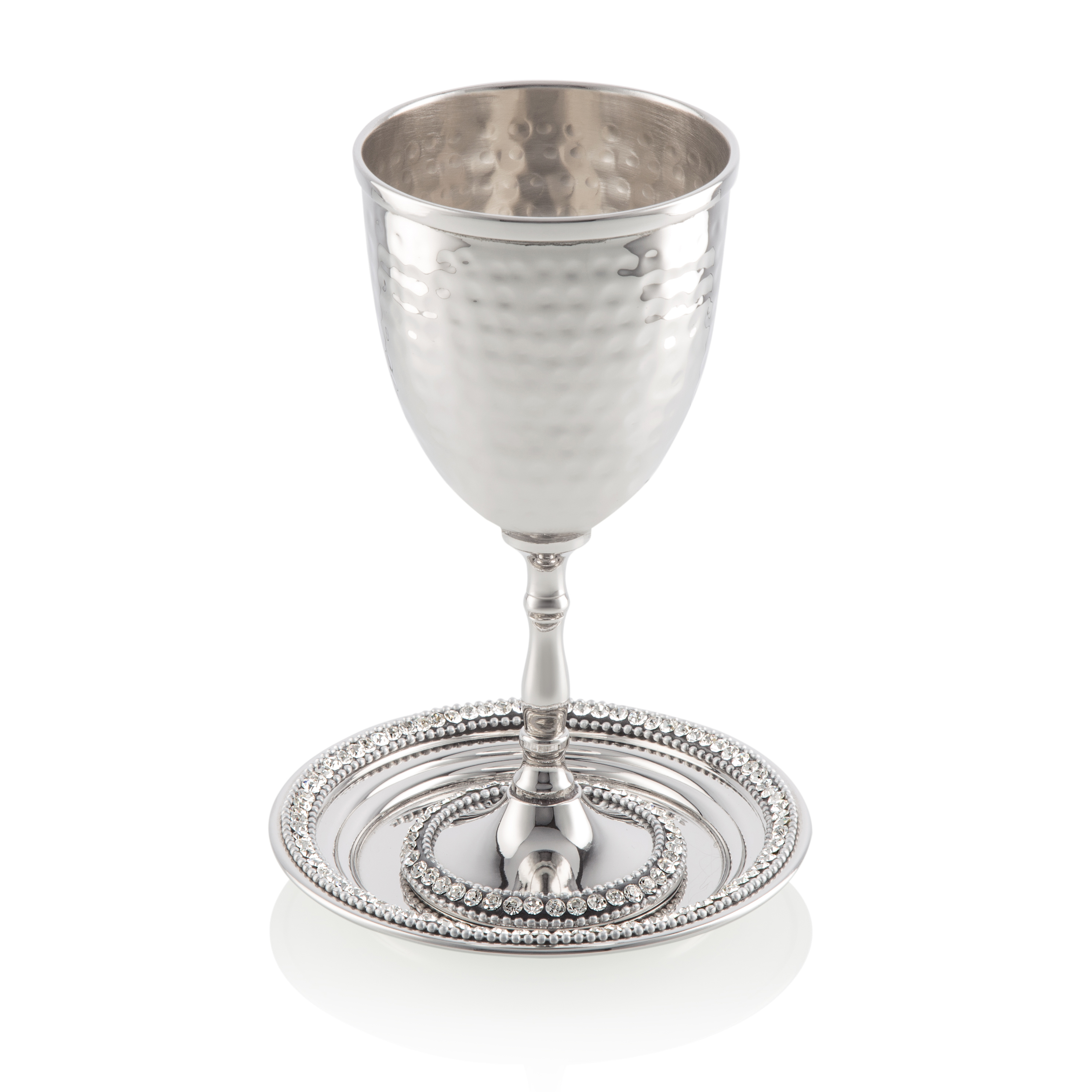 Stainless Steel Kiddush Cup on Tray w Diamonds Cup 7"H, Tray 5"D
