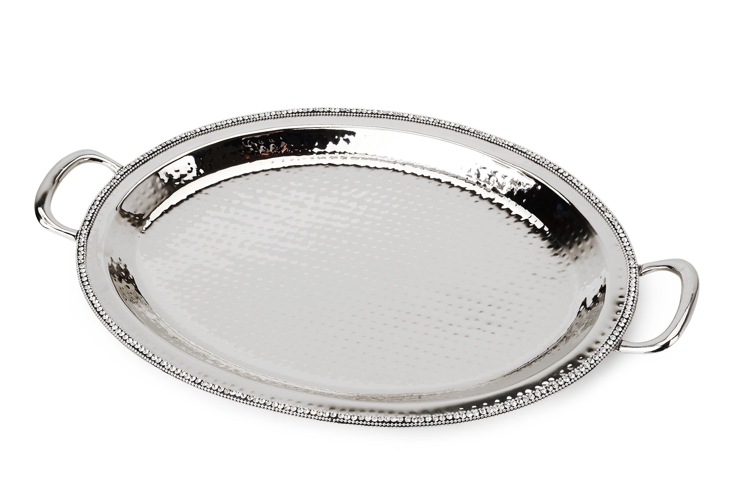 Hammered Stainless Steel Oval Tray w Diamonds 21"L x 14"W