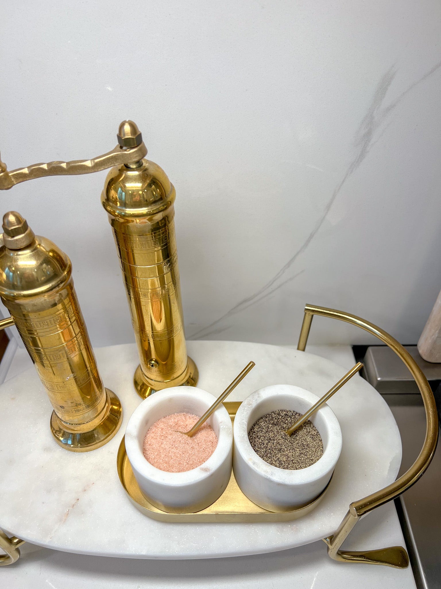 Marble Salt and Pepper Set with Gold Base and Spoons
