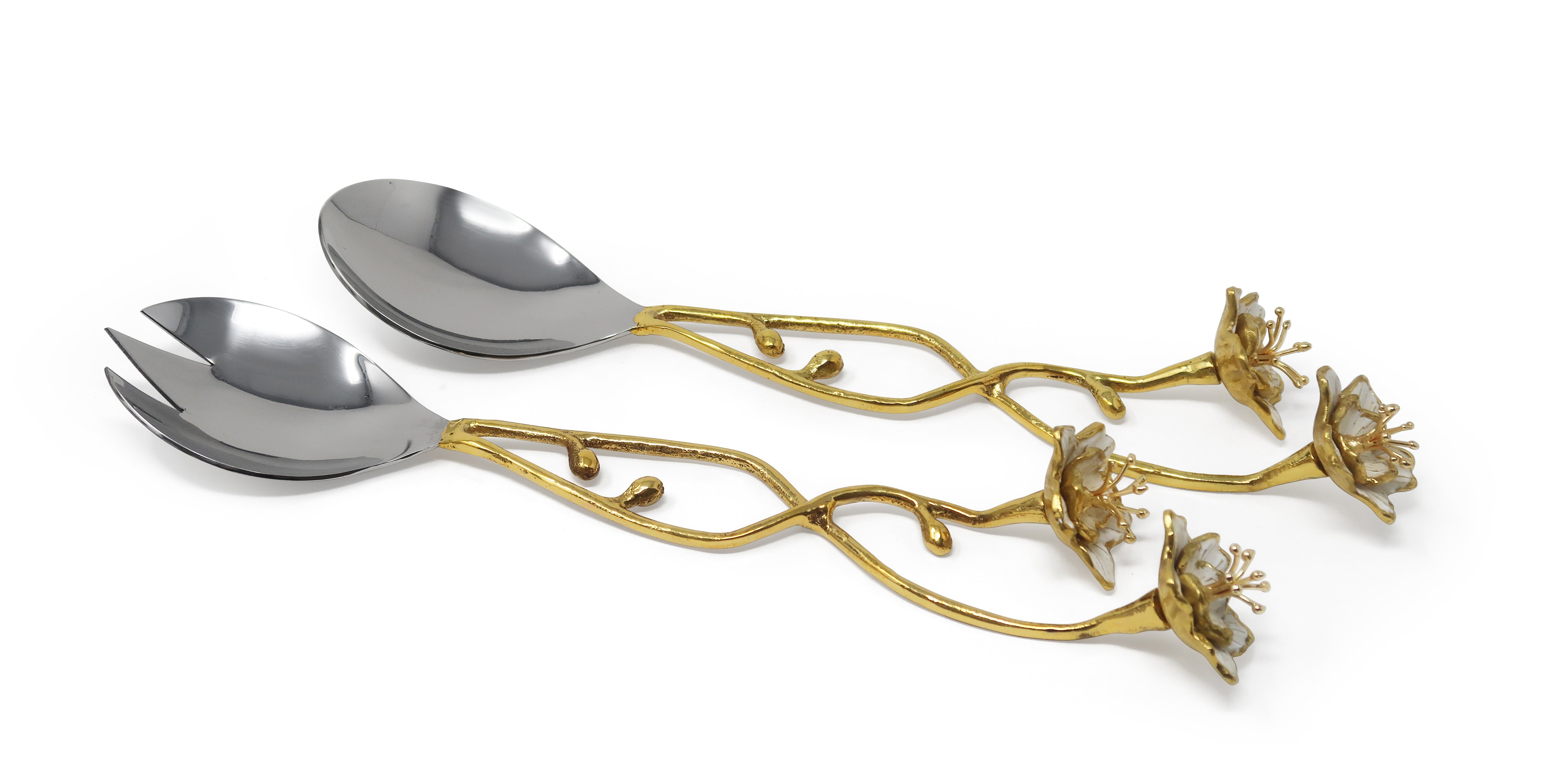 Hammered Stainless Salad Server Set Gold Design W/ Extra Large Multiple White enamel Flowers