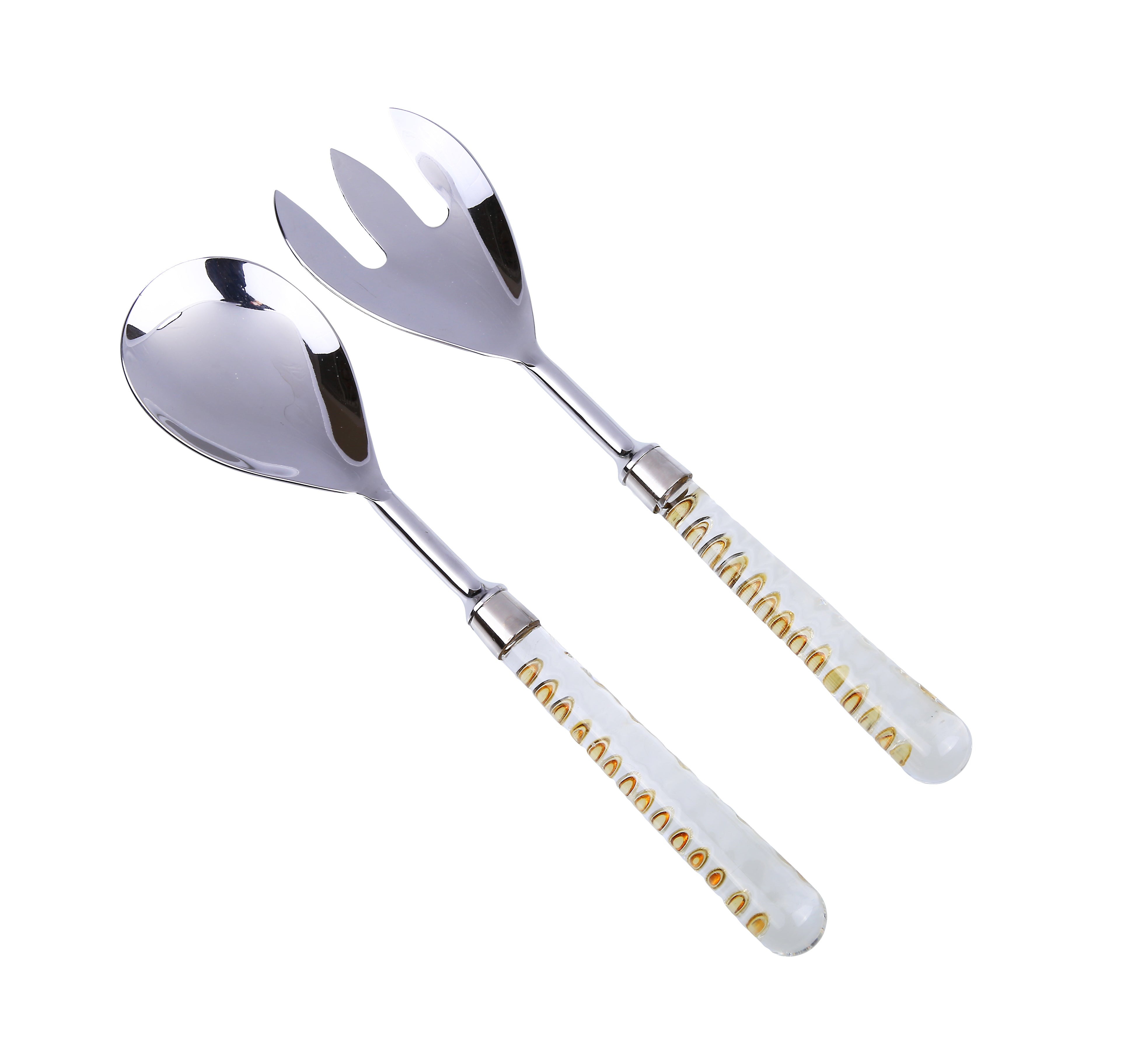S/2 Stainless Steel Salad Servers with Glass Handle and Gold Inserted Design
