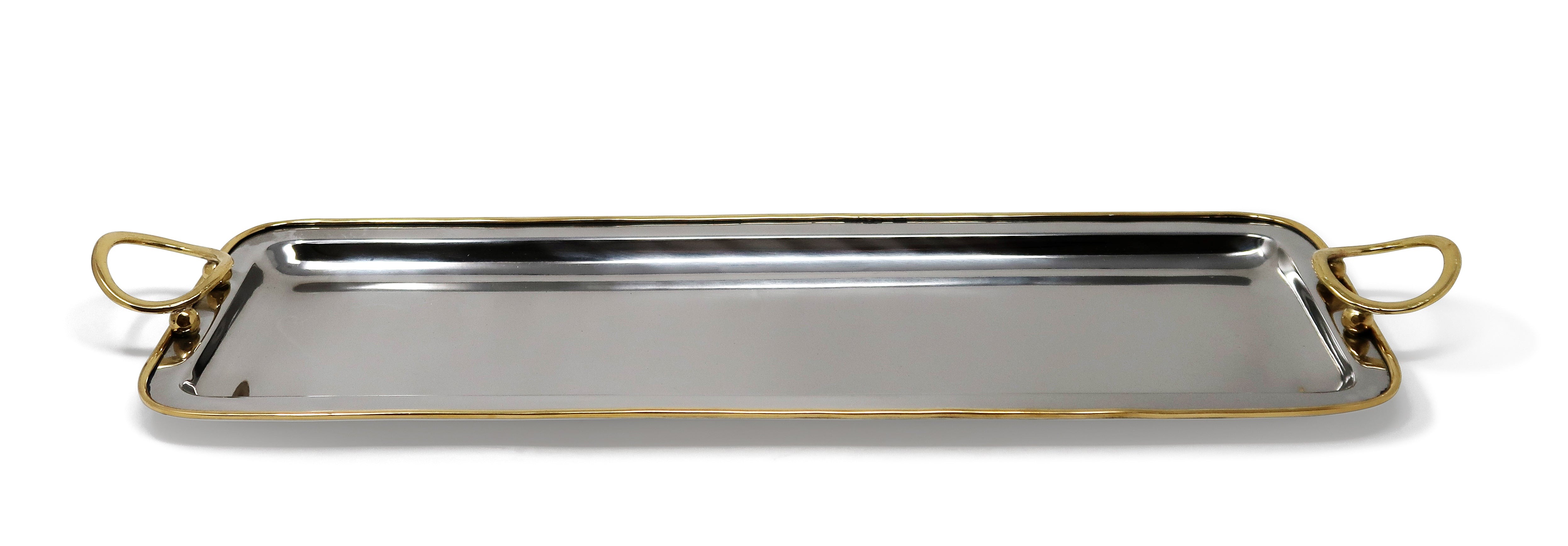 Metal tray with loop handles.