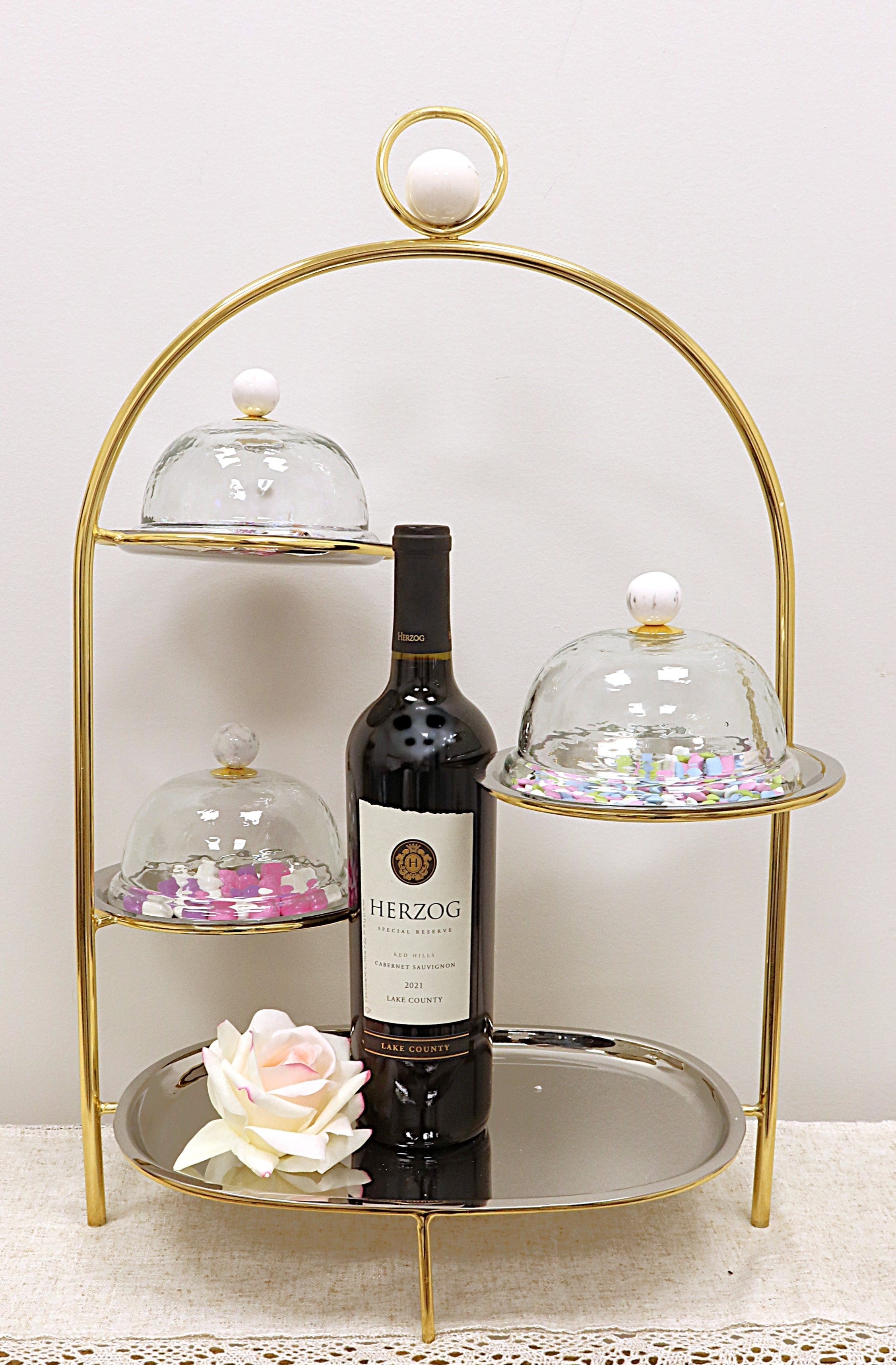 Multi Cake Stand Silver with Gold Frame and Ball Detail - 23.6"H