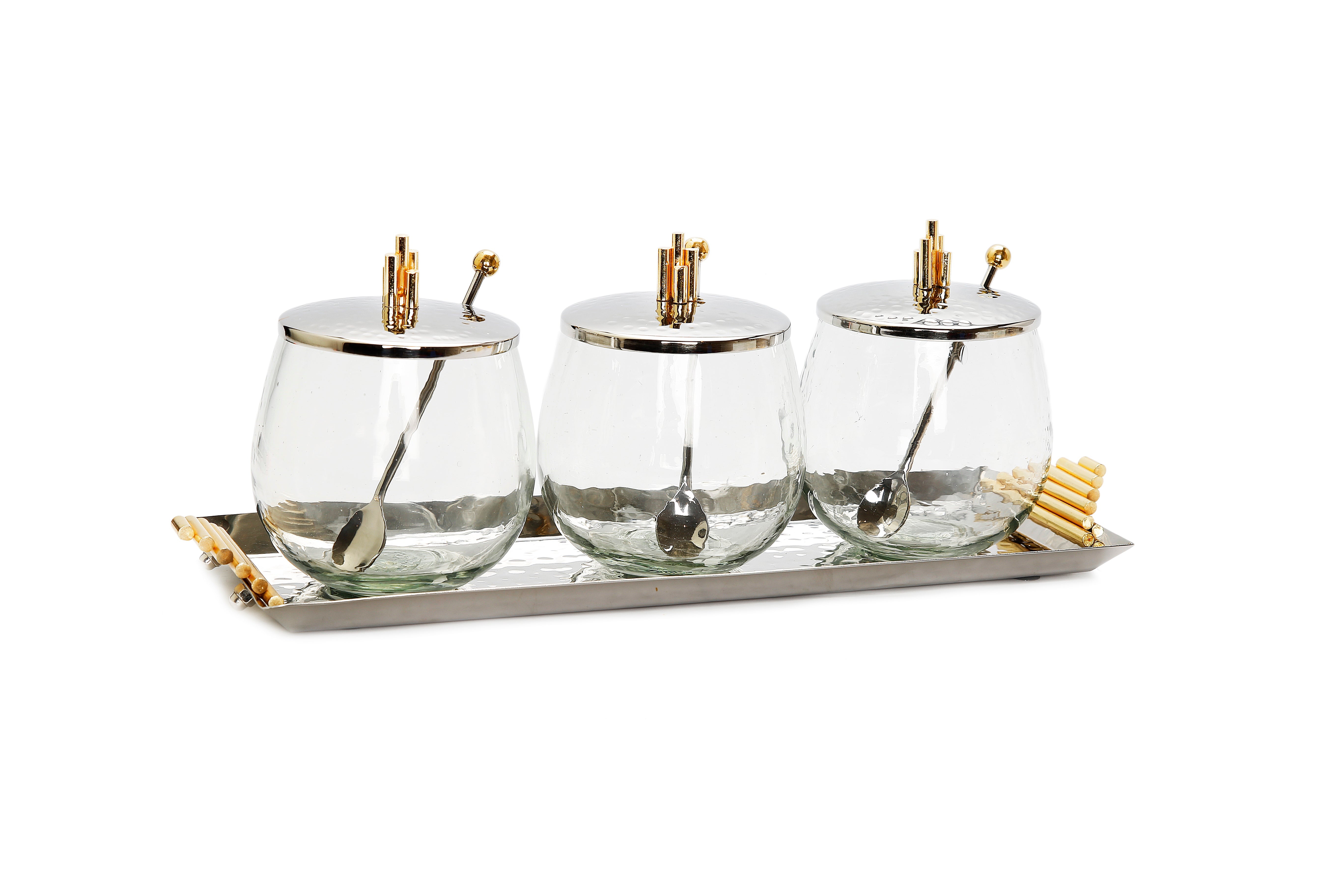 Stainless Steel Hammered Tray with 3 Glass Bowls Gold Symmetrical Design
