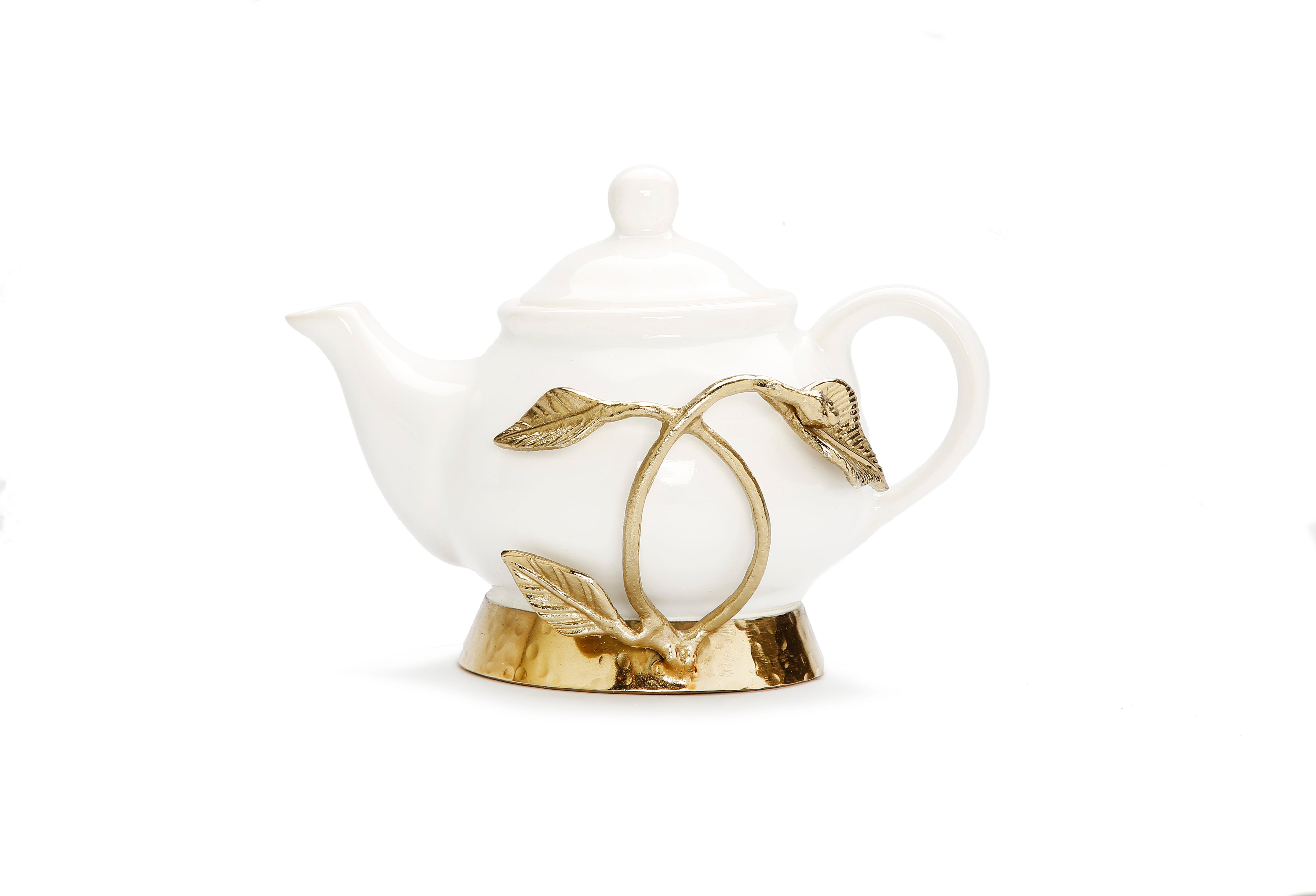 White Tea Kettle W/ Leaf Design Ornament