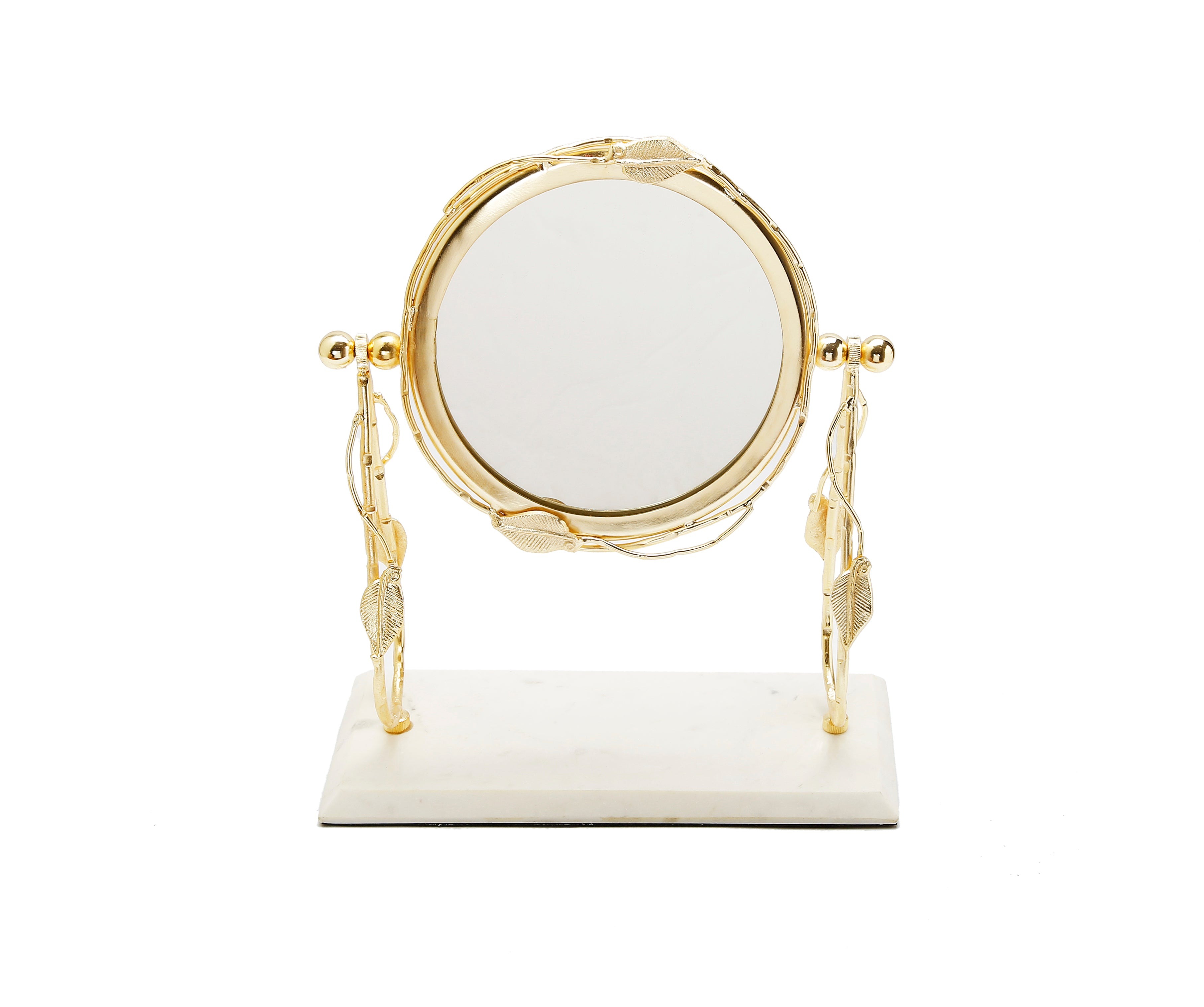 Table Mirror Gold leaf Border White Marble Base 12" x 5.5" 8"H