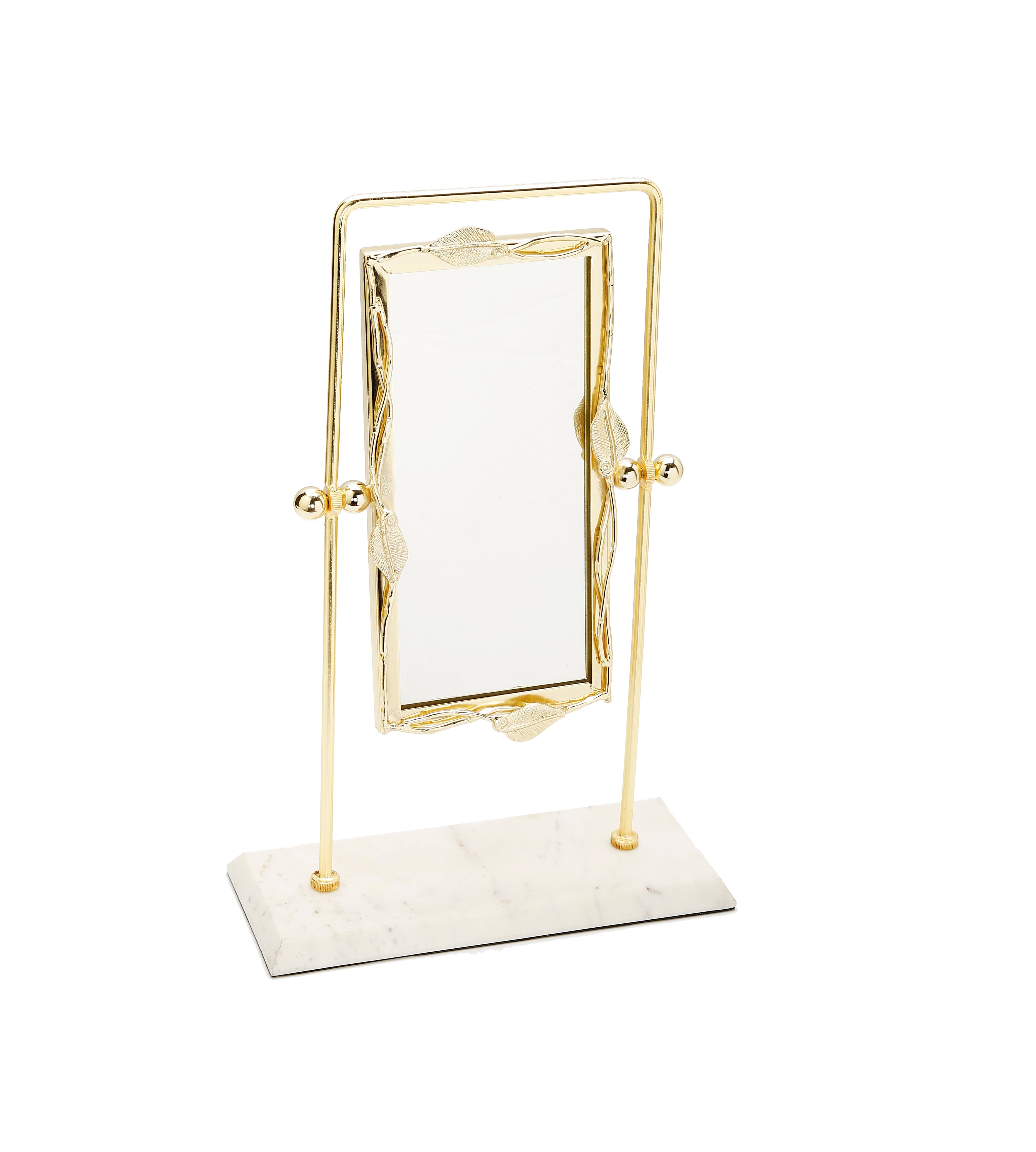Rectangular Table Mirror Gold Leaf Border White Marble Base 17"H 9"W