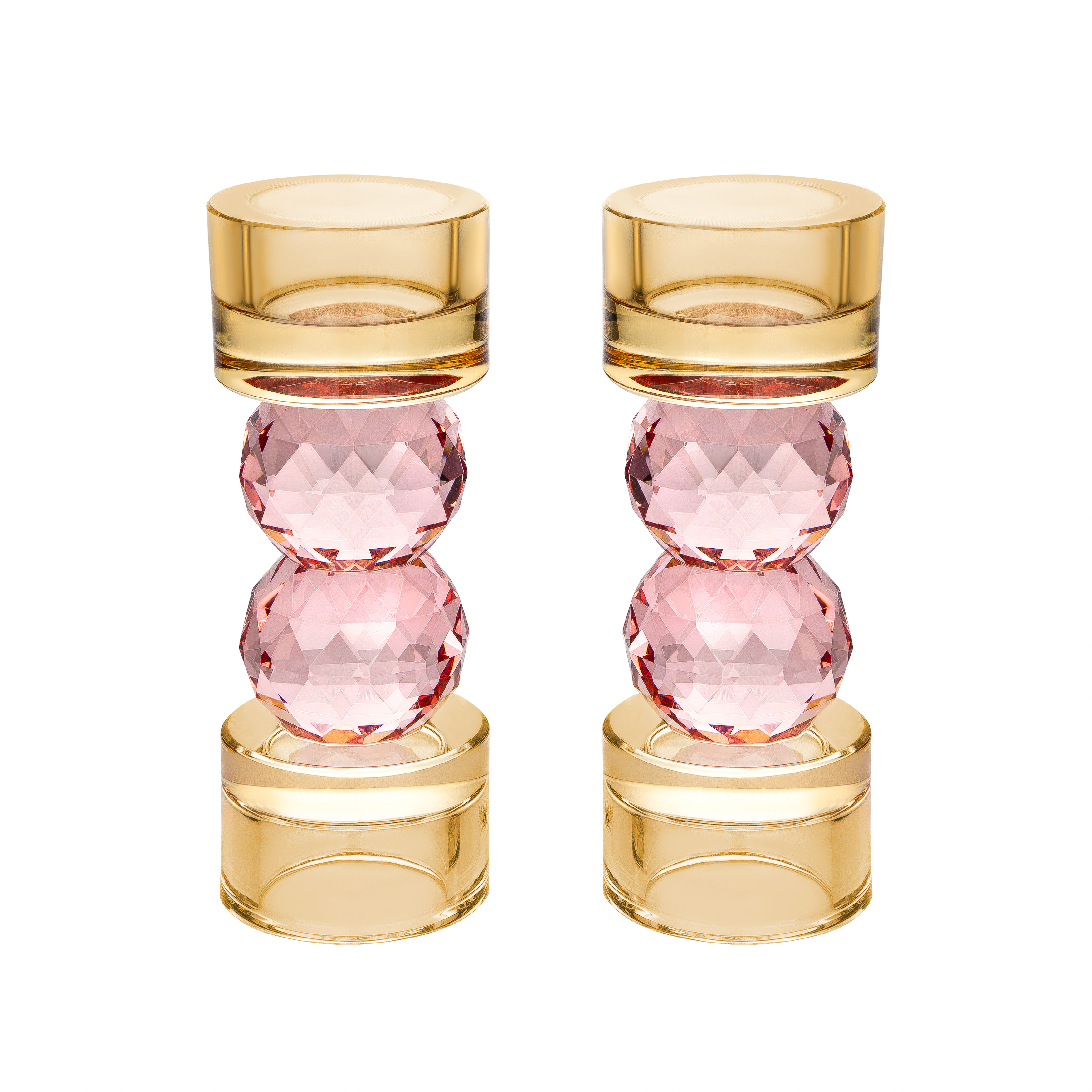 Set of 2 Candle Holders Amber with Pink Balls - 2.5"D x 5.7"H