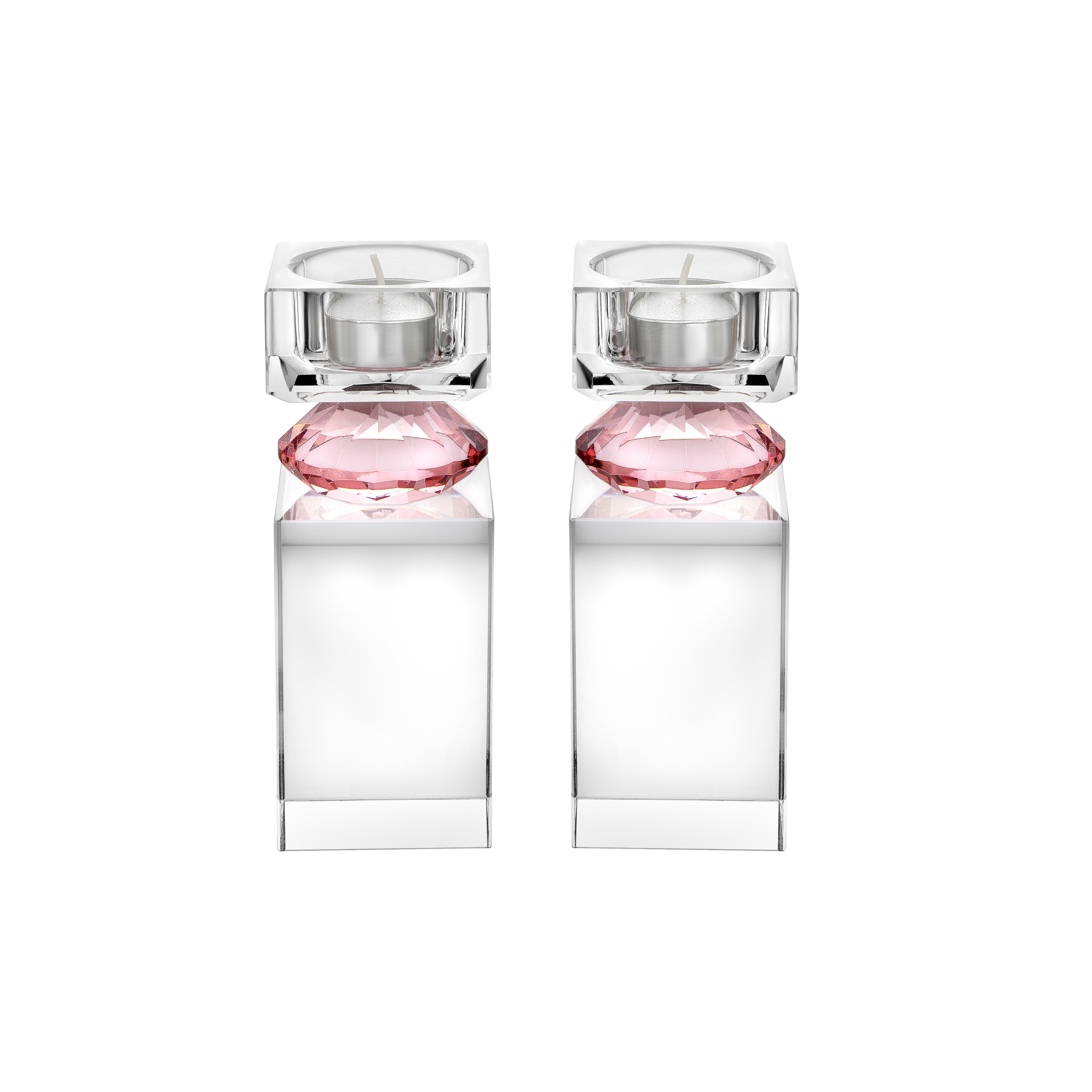 Set of 2 Tall Tea Light Candle Holders with Pink Diamond on Foot - 2" x 2" x 5.6"H