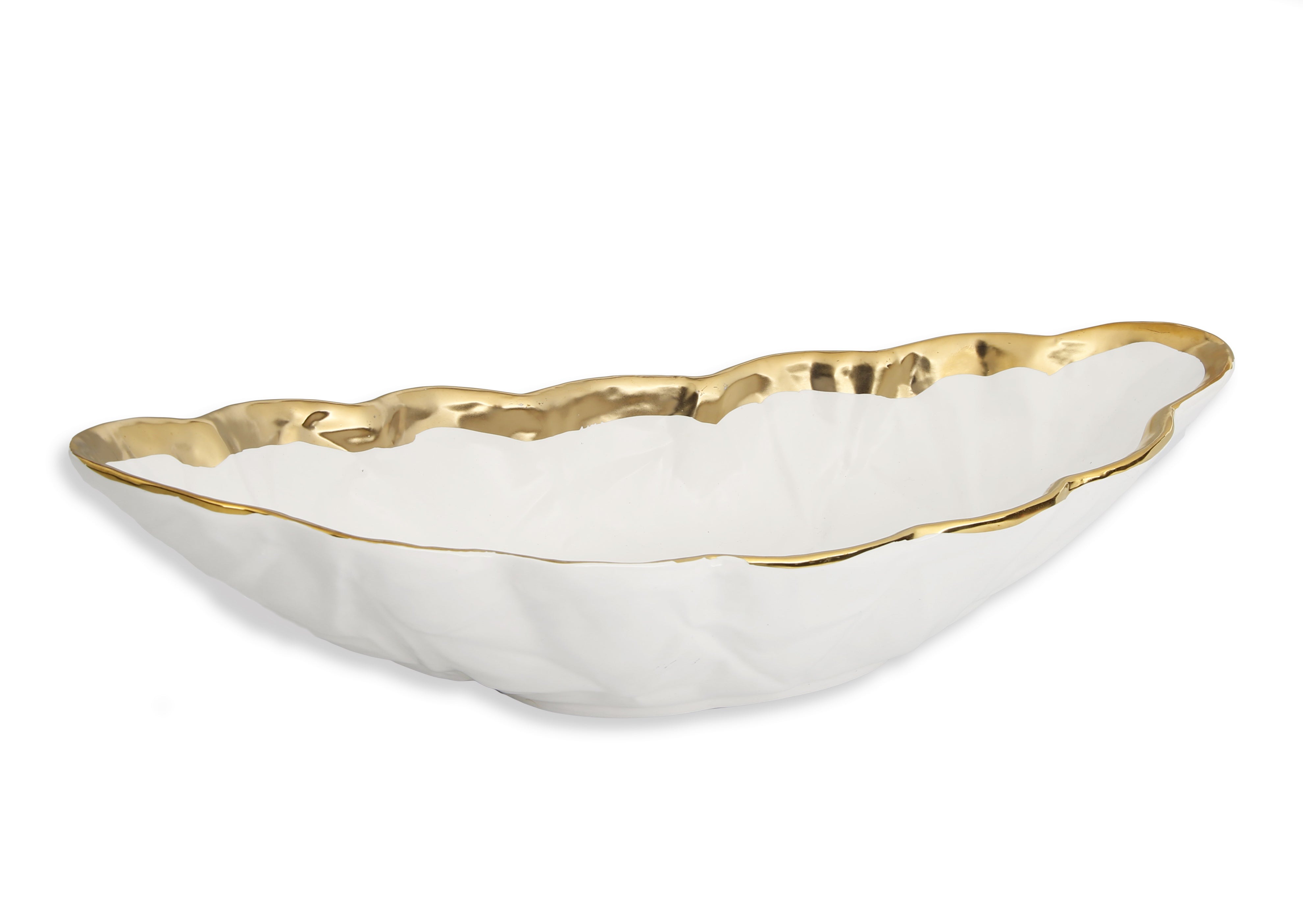 White Porcelain Leaf Shaped Bowl with Gold Border - 16.75"L x 6.5"W x 4"H