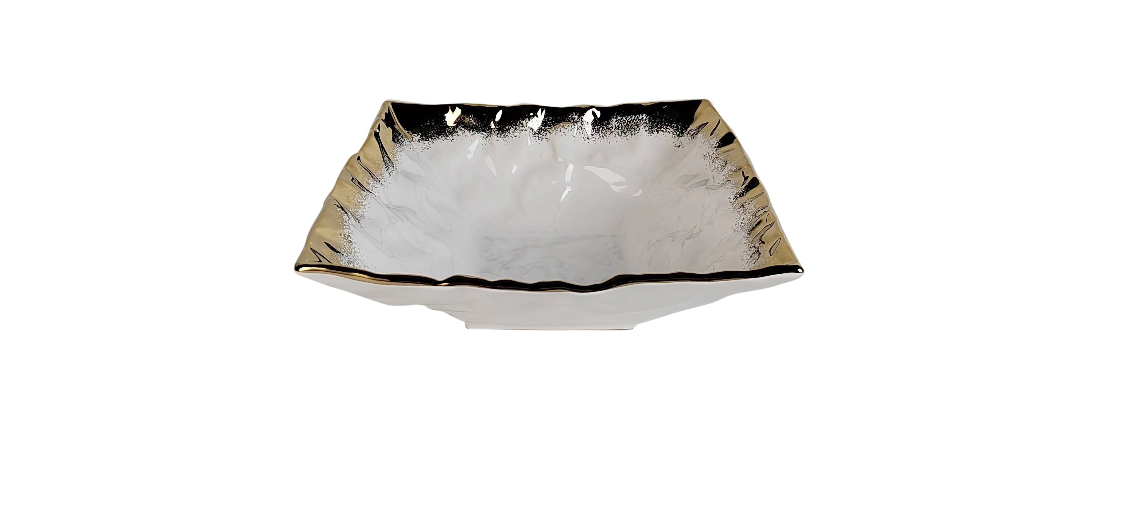 White Porcelain Square Salad Bowl with Gold Edge 11" x 11"