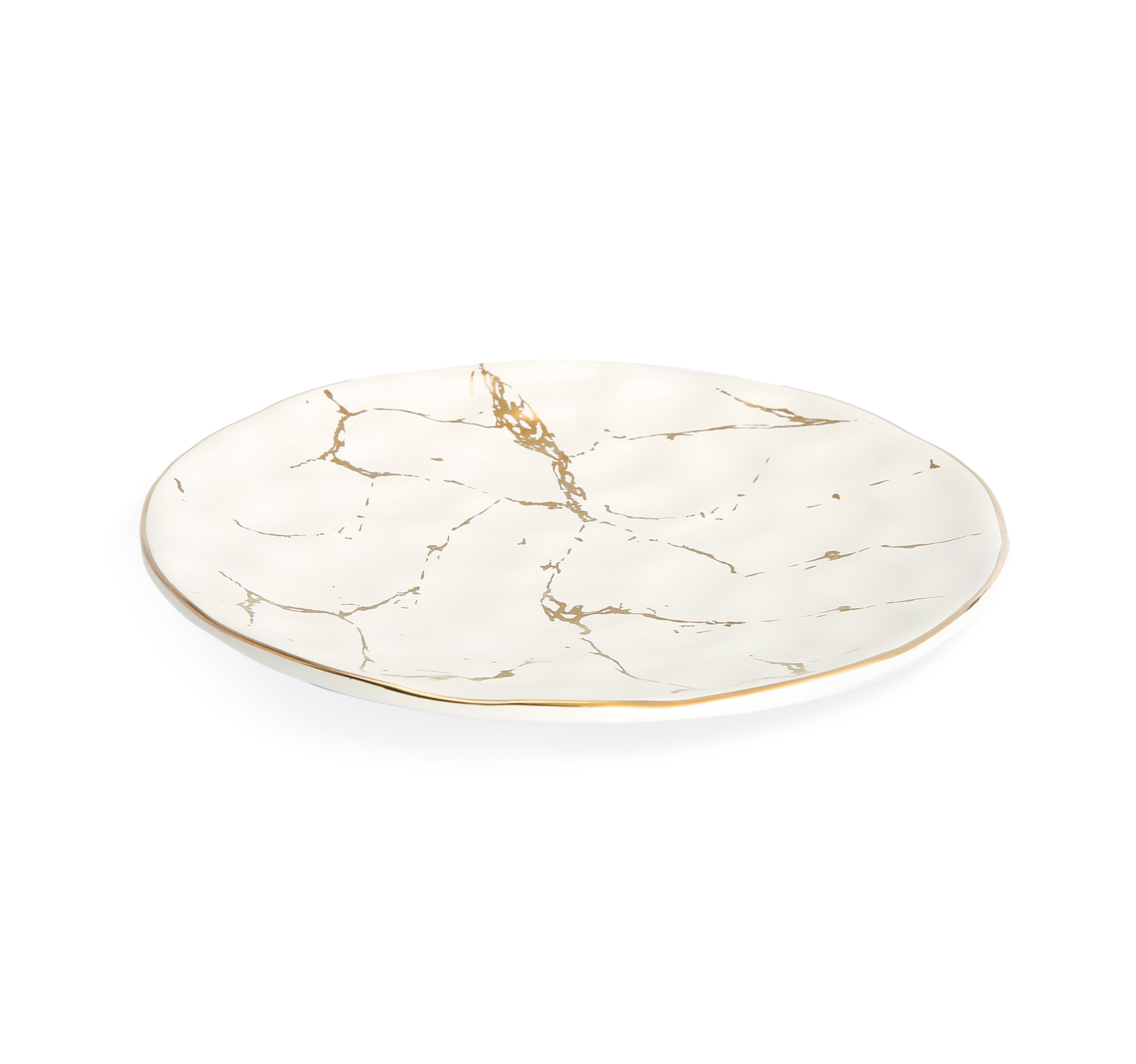 Set of 4 White Porcelain Dinner Plates with Gold Design 10"D