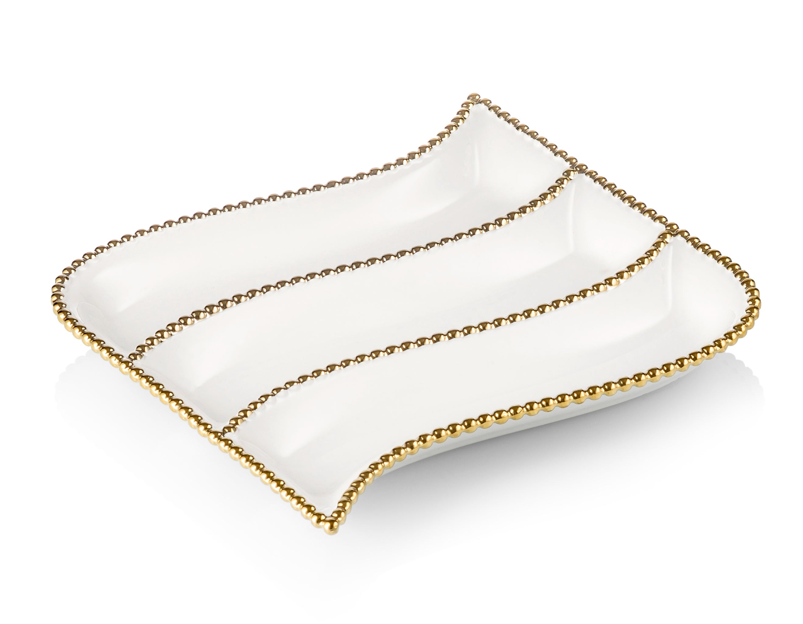 Porcelain White 3 Divider cracker Dish with Gold Beaded Design