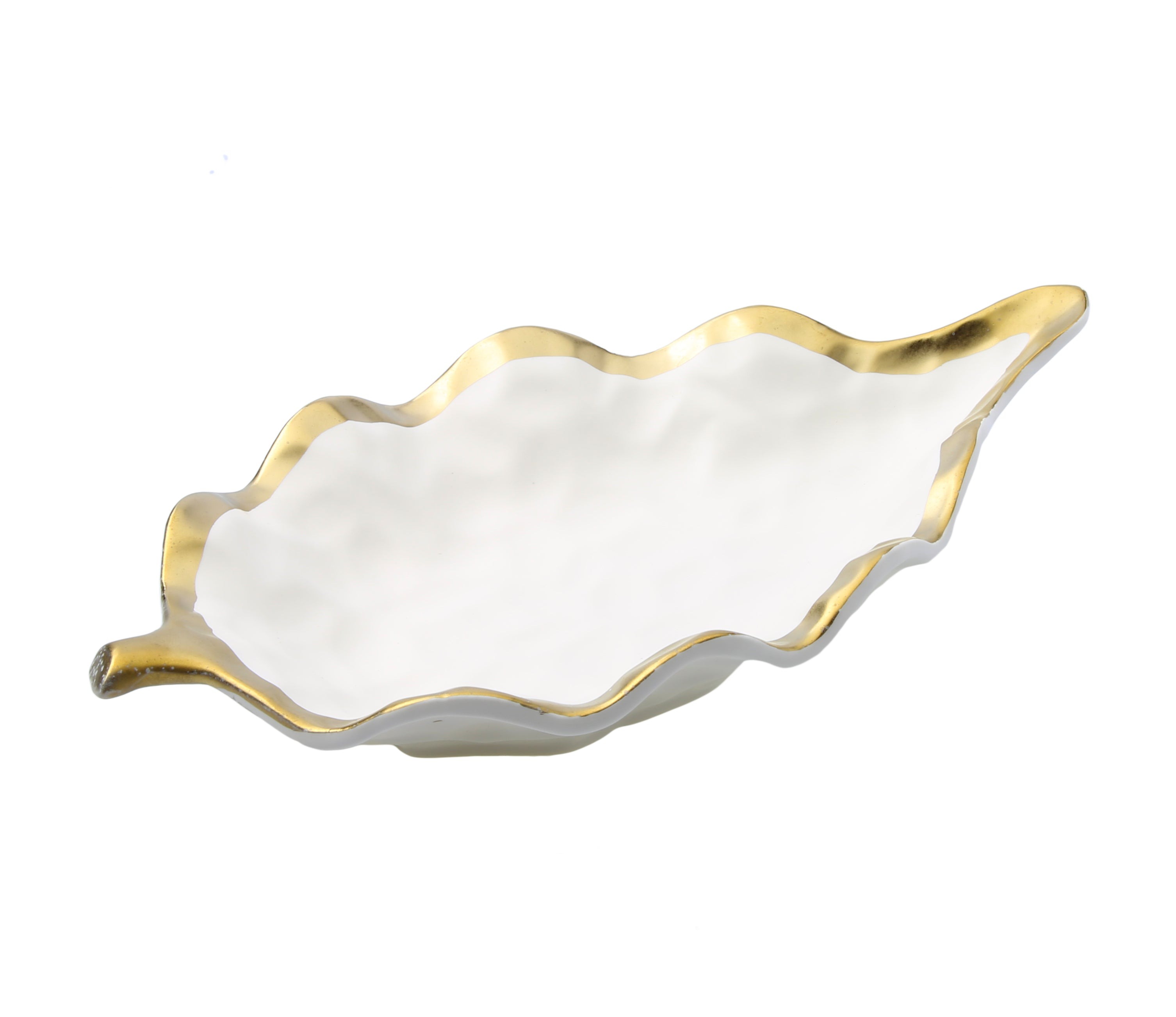 White Porcelain Leaf Dish Bowl with Gold Rim - 11"L x 6.25"W x 2"H