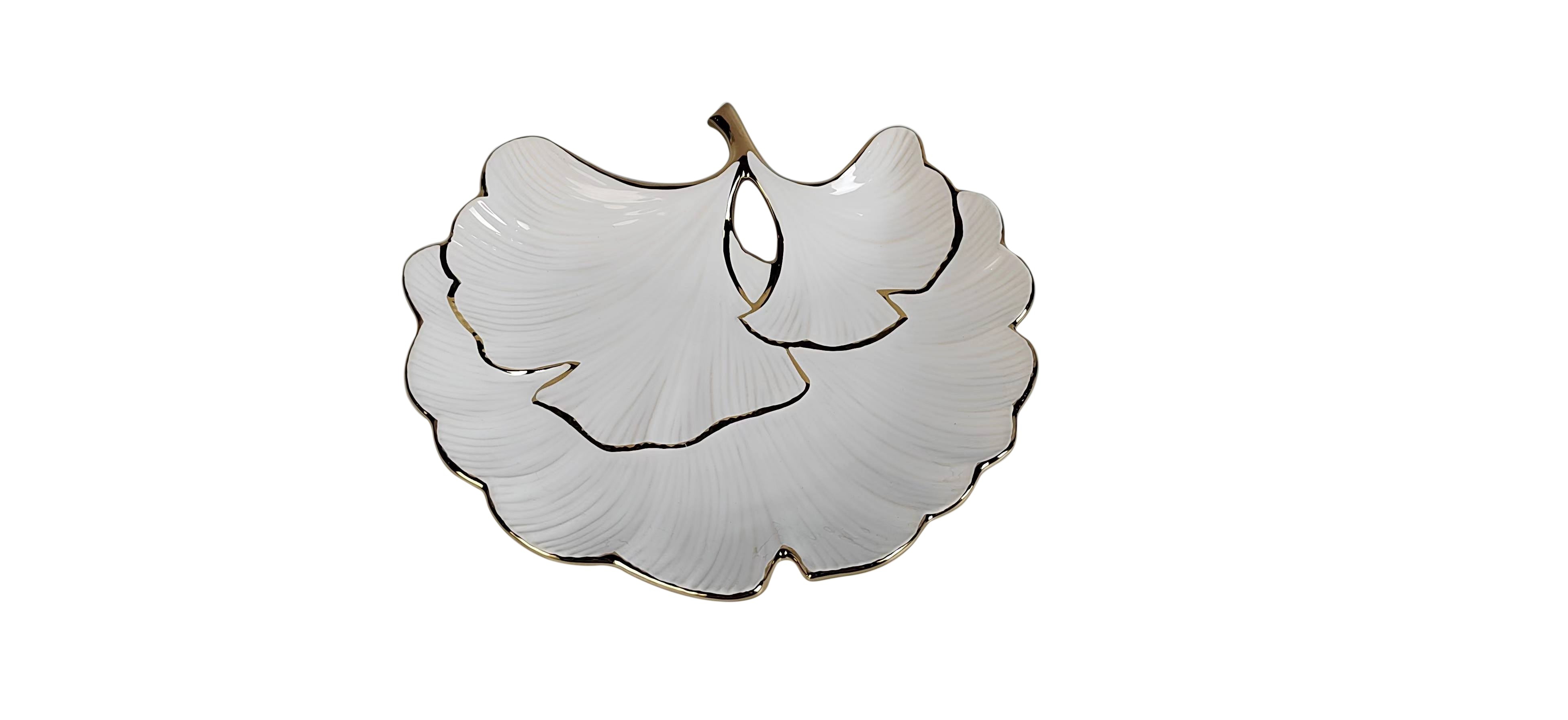 White Porcelain Sectional Leaf Plate Gold Edged