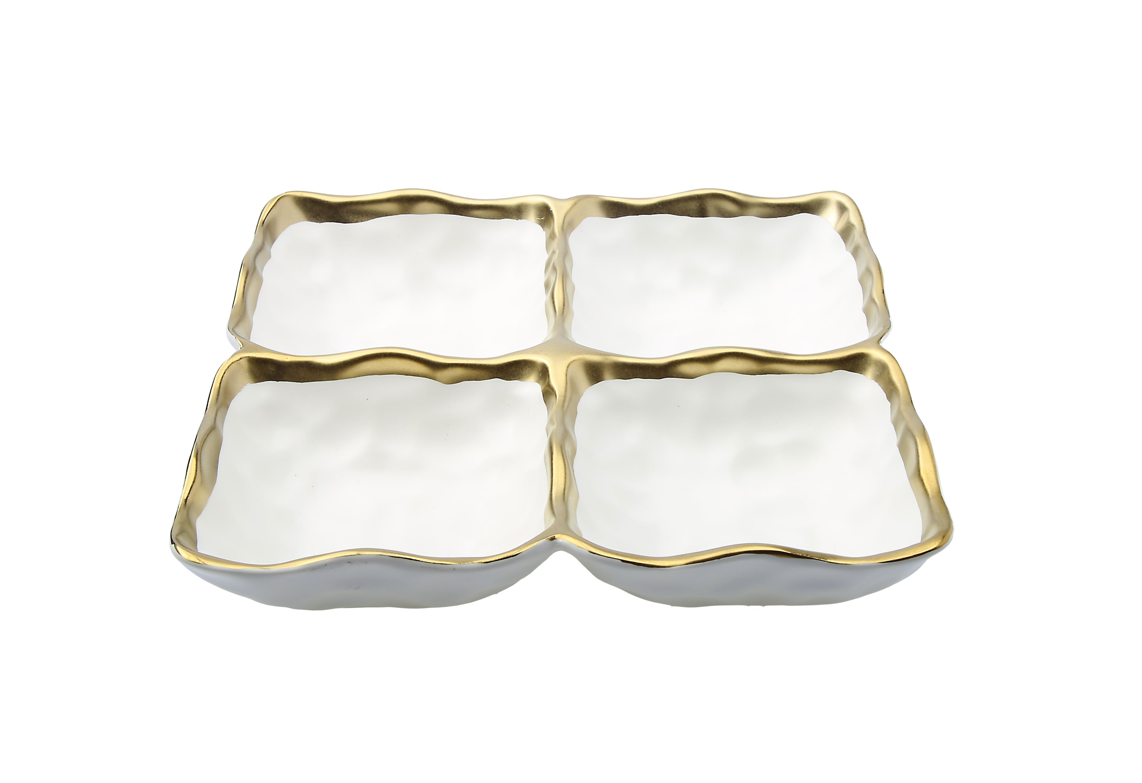 White Porcelain 4 sectional Relish Dish with Silver Rim - 8.5"L x 8.5"W x 1.5"H