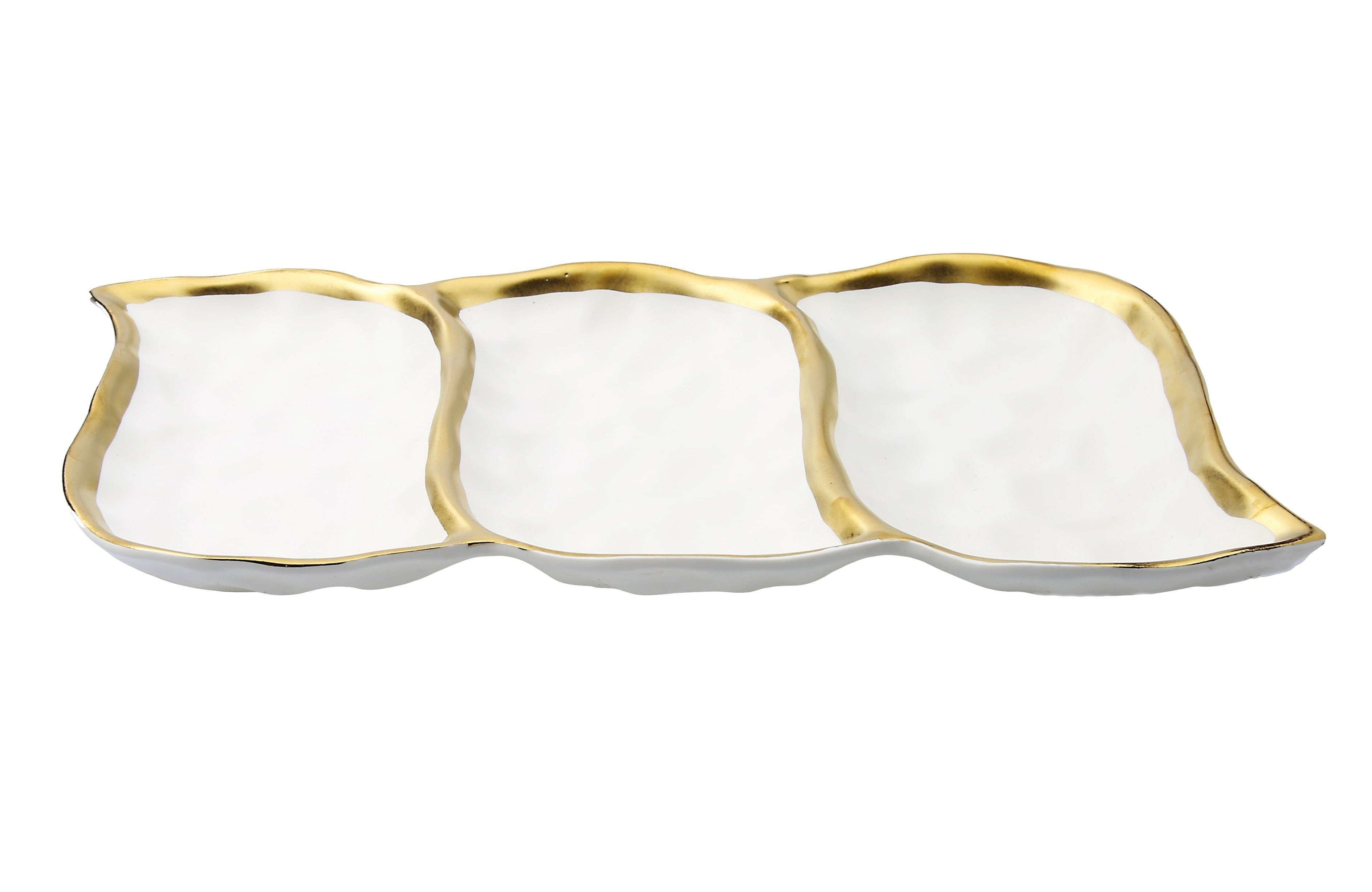 White Porcelain Relish Dish with Gold Rim - 14.5"L x 7"W x 1.25"H