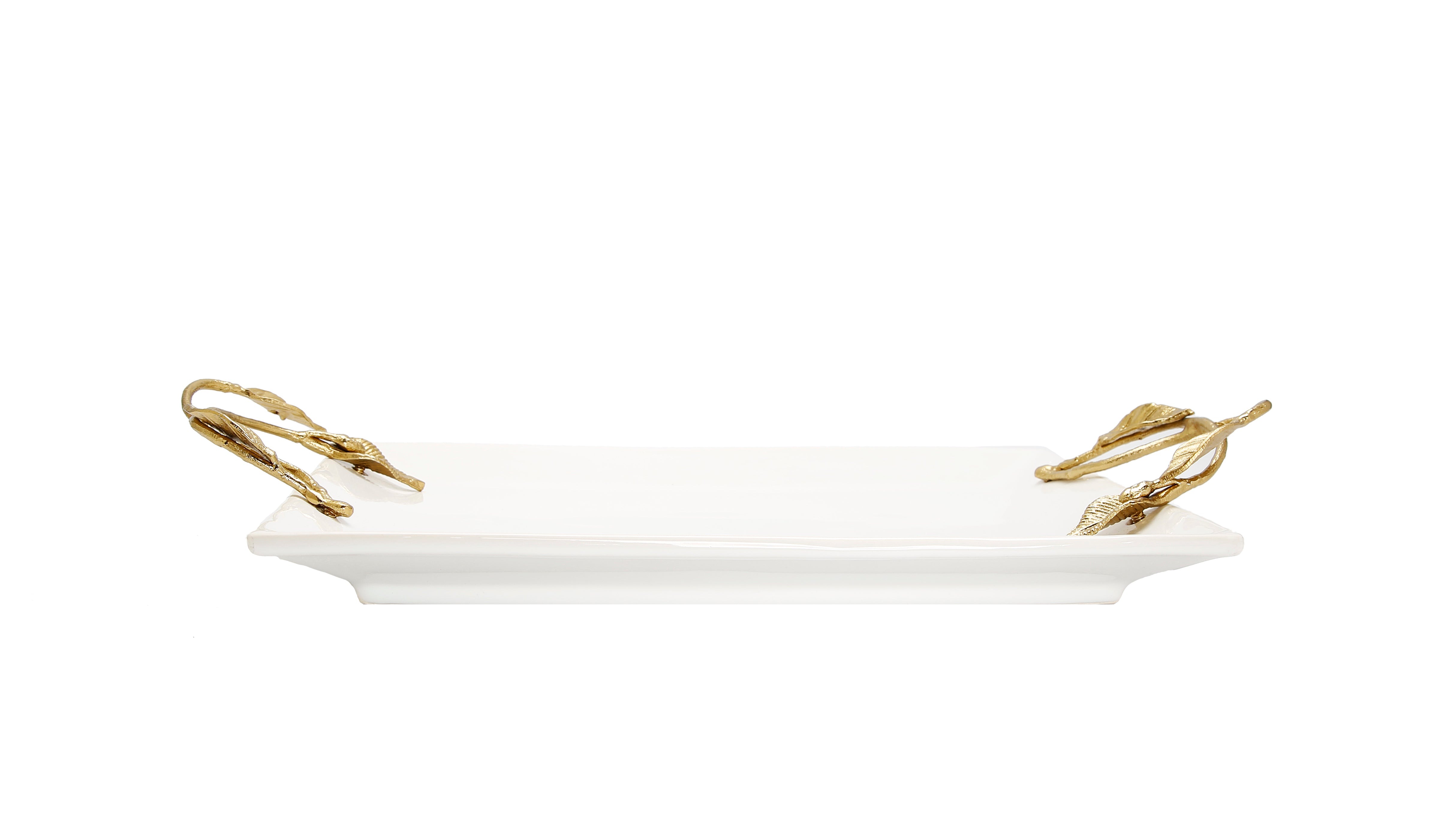 White Rectangular Tray W/ Gold Leaf Design Handles 18.5"L 7.8"W