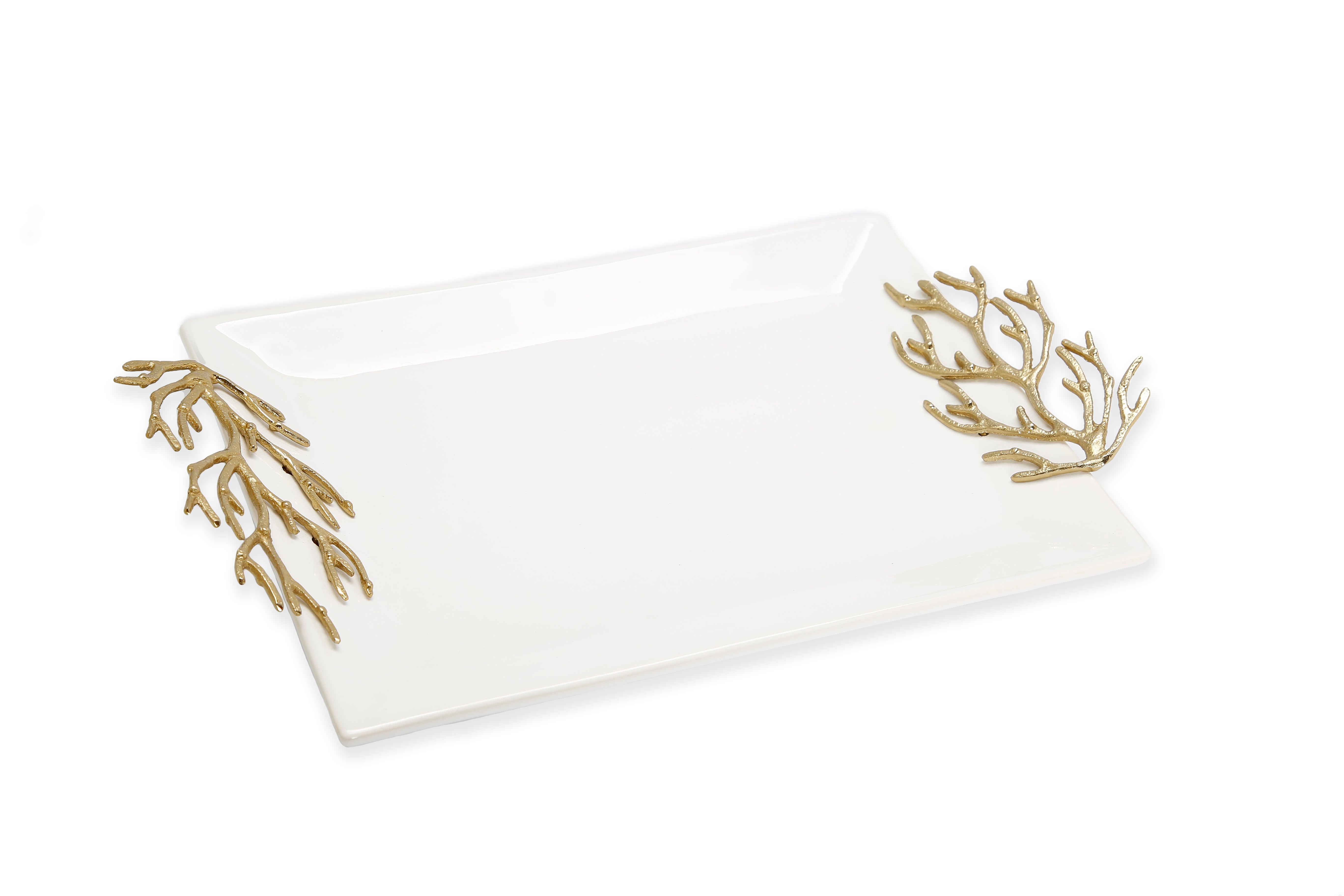 White Rectangular Tray W/ Gold Coral Design Handles 18.5"L 7.8"W