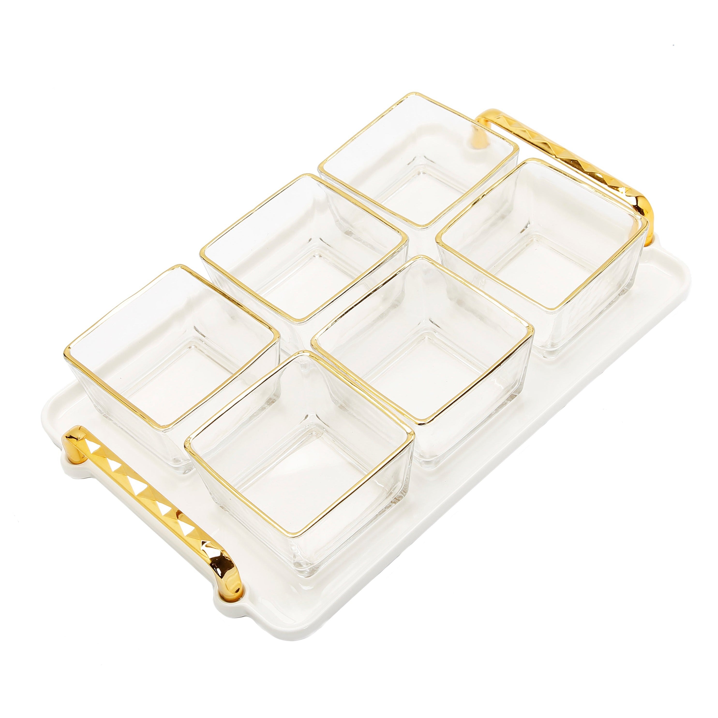 6 Bowl Serving Dish White Tray with Glass Bowls Gold Trimmed - 13.5"L x 8.75"W