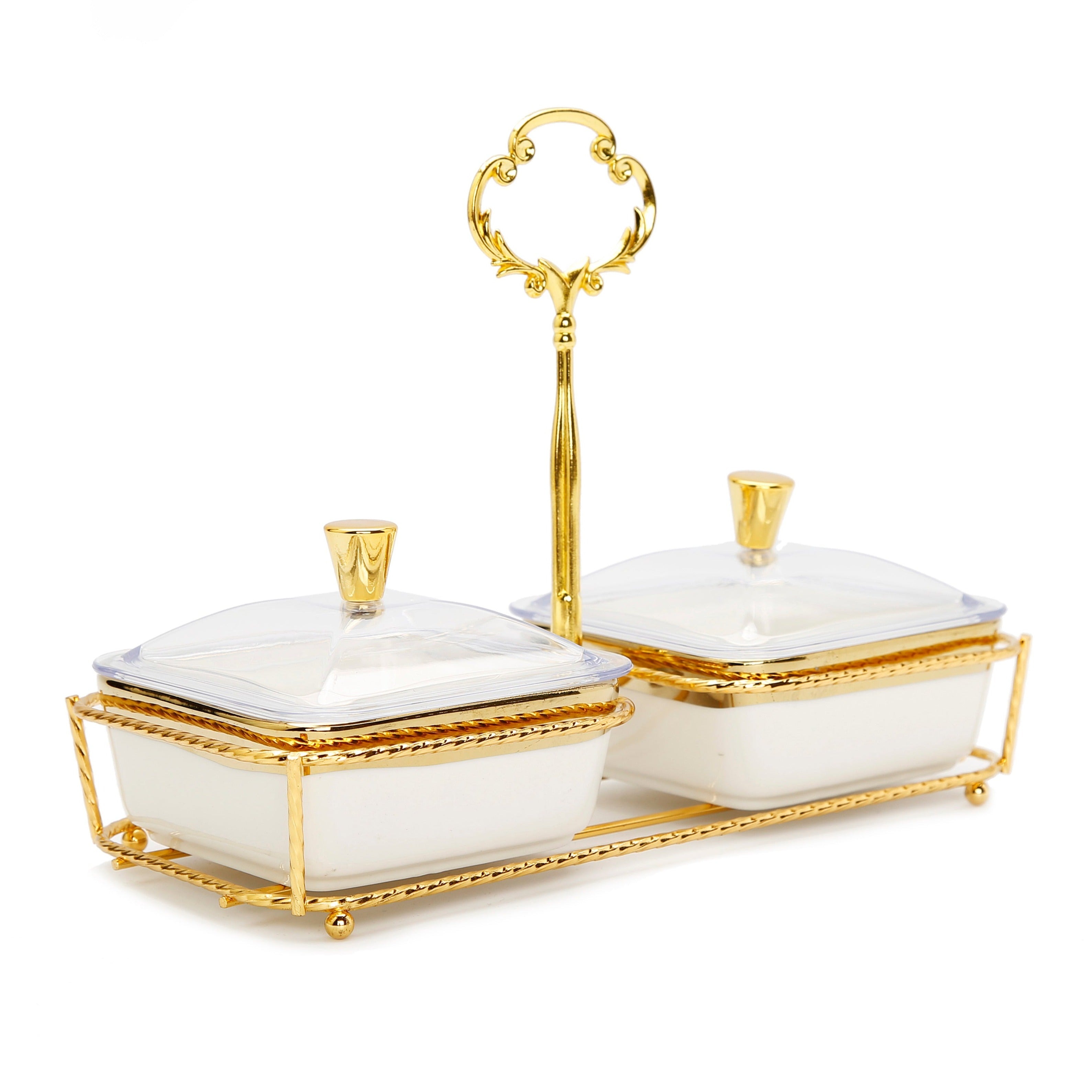 White Porcelain 2 Bowl Relish Dish on Gold Base - 8.25"L x 4"W