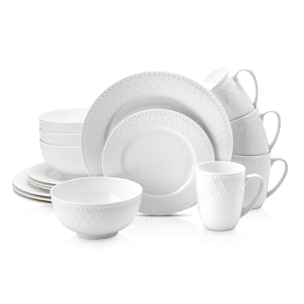 Stone Lain 16 Pieces Bone China Basket Embossed Round Dinnerware Set