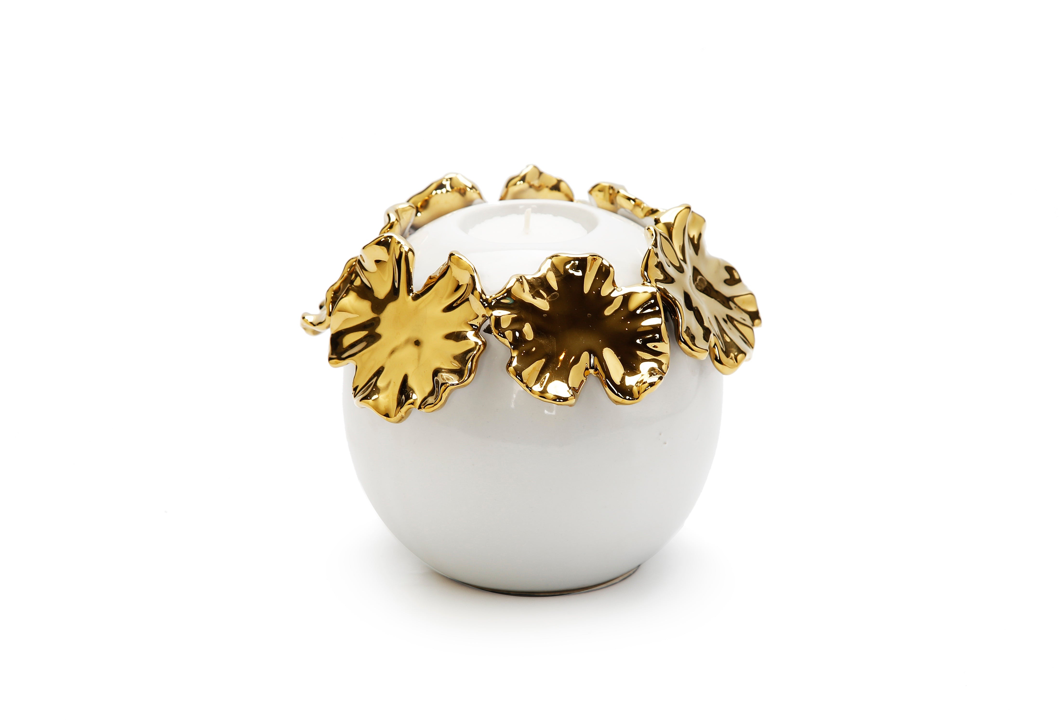 Medium white ceramic candle holder Gold flower design