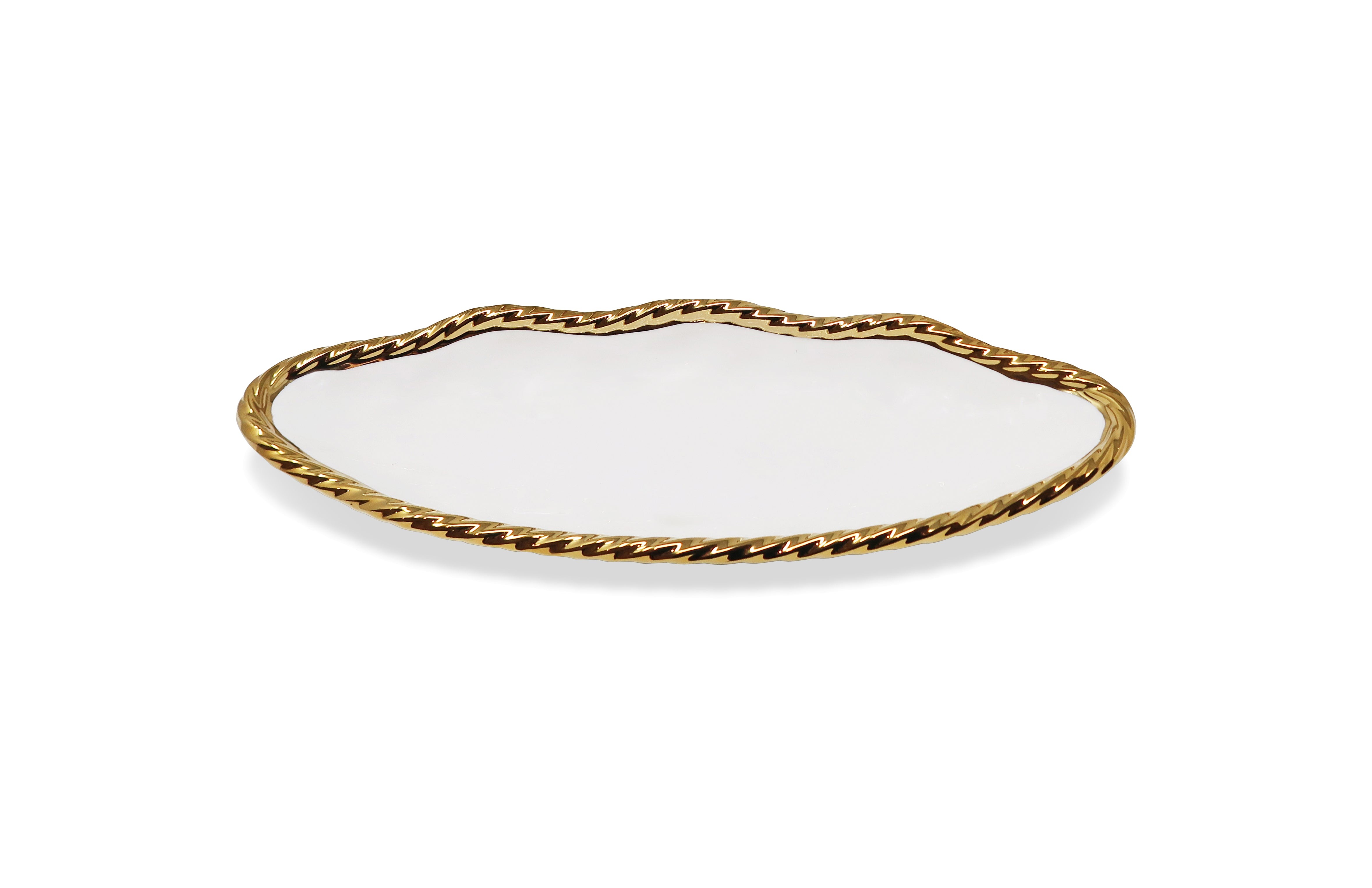 White Oval Bowl New Bone China with Gold Rope Scalloped Edge - Dishwasher Safe