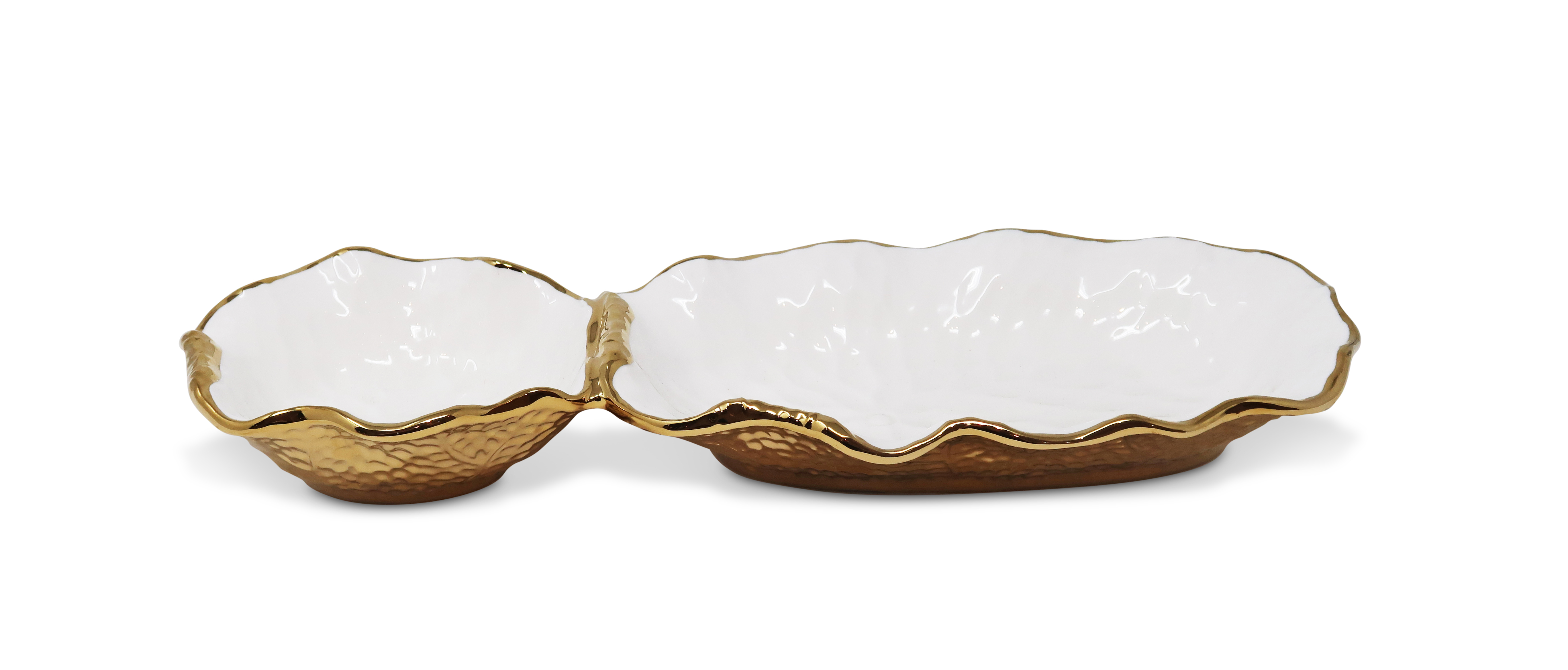White Hammered 2 Bowl Relish Dish New Bone China with Gold Scalloped Edge - Dishwasher Safe