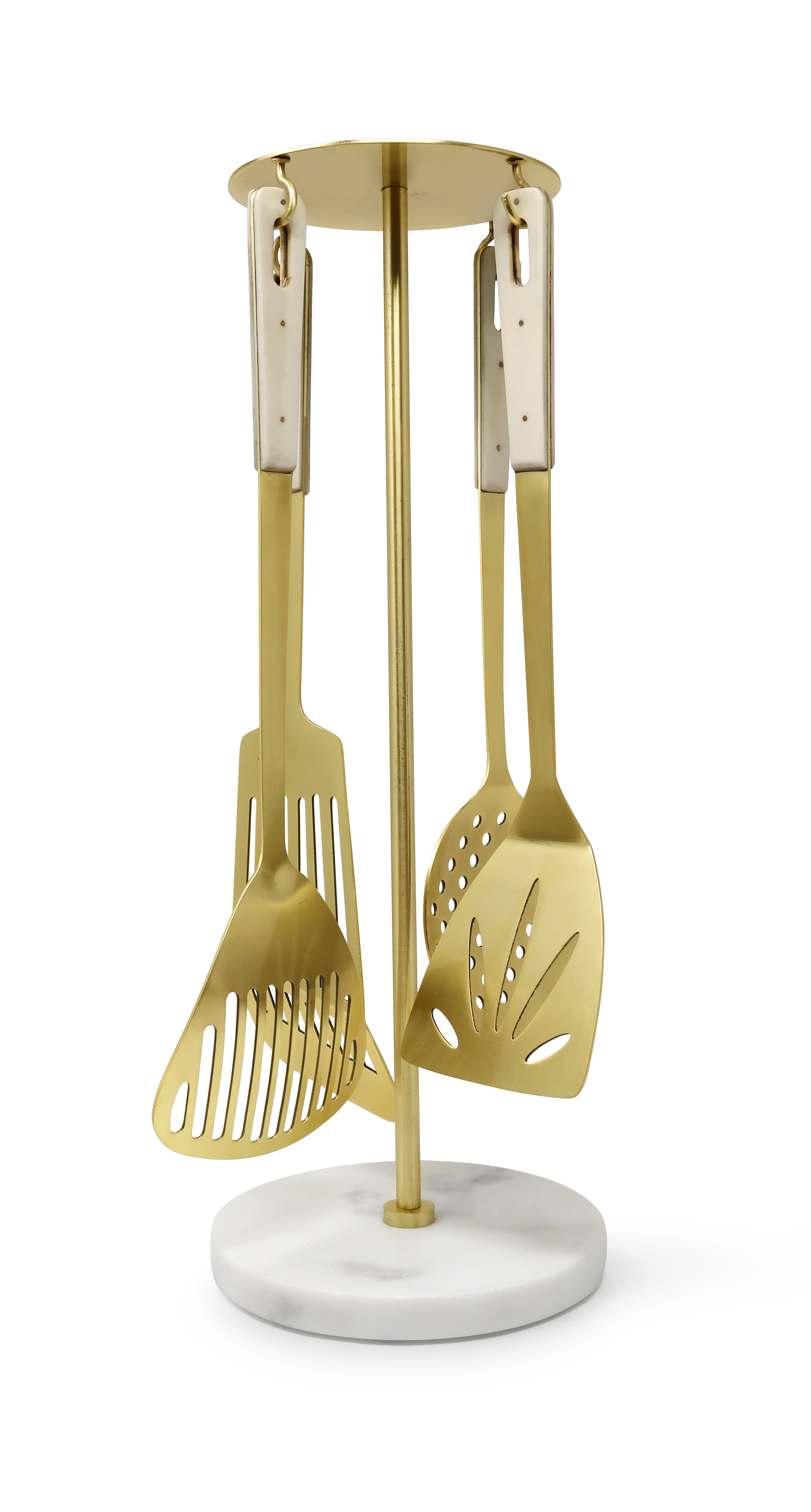 Set of 4 Serving Utensils Gold with Marble Handles