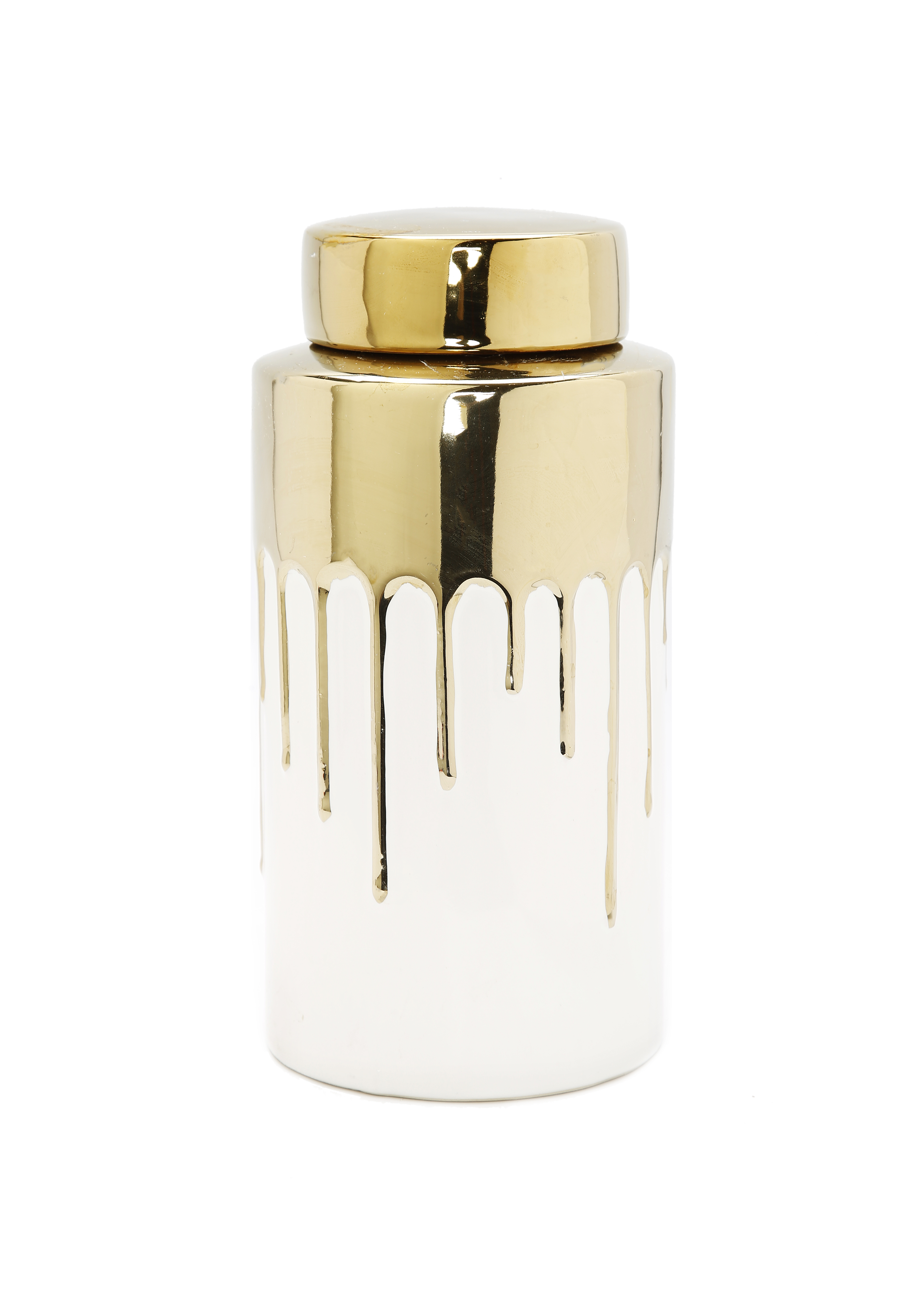 Short White and Black Jar with Gold Cover and Gold Drip Design