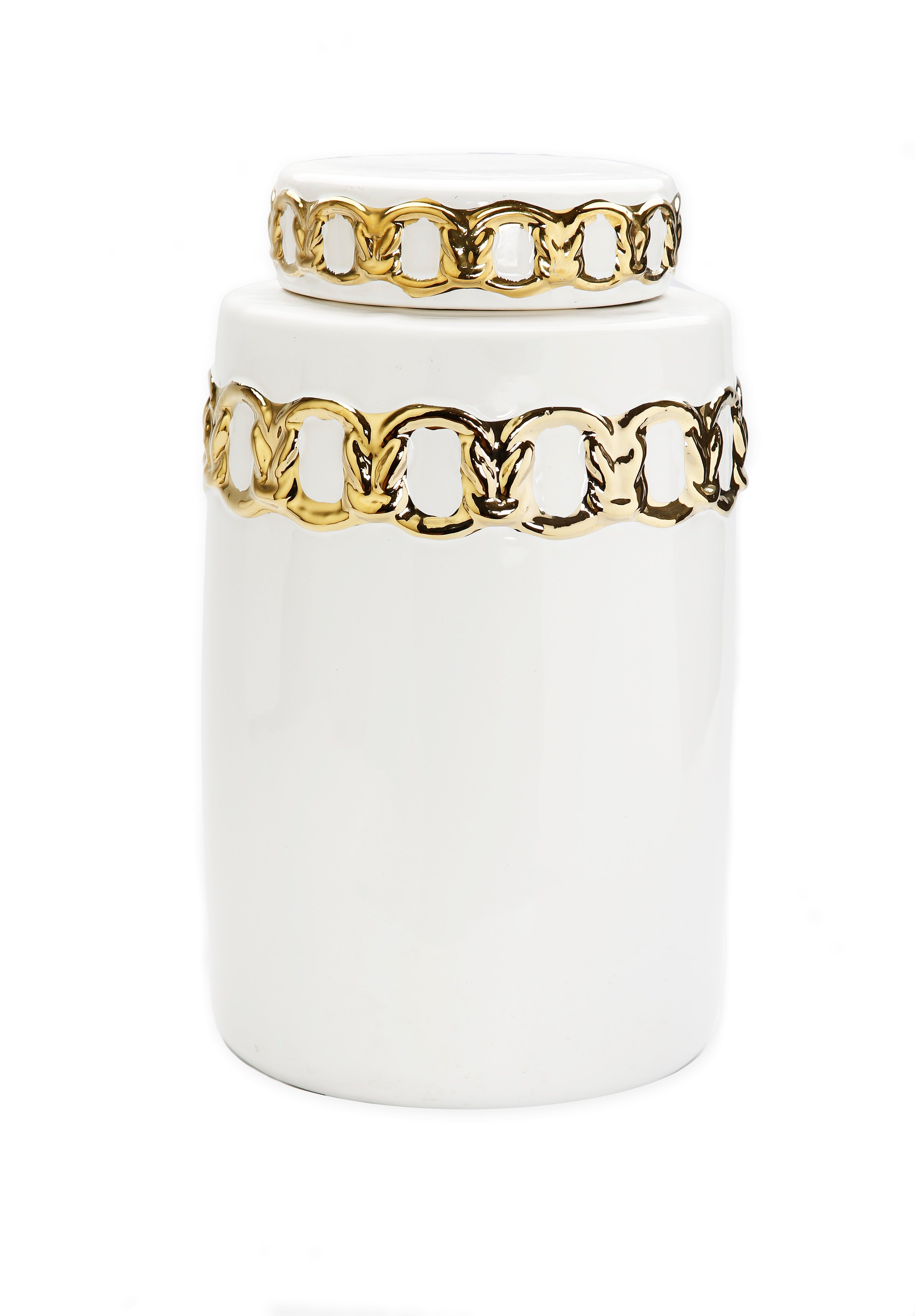 Large White Jar with Cover Gold Design on Top