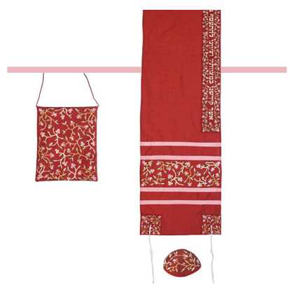 Red Silk Climbing Flowers Tallit Set By Yair Emanuel - 16" X 70"